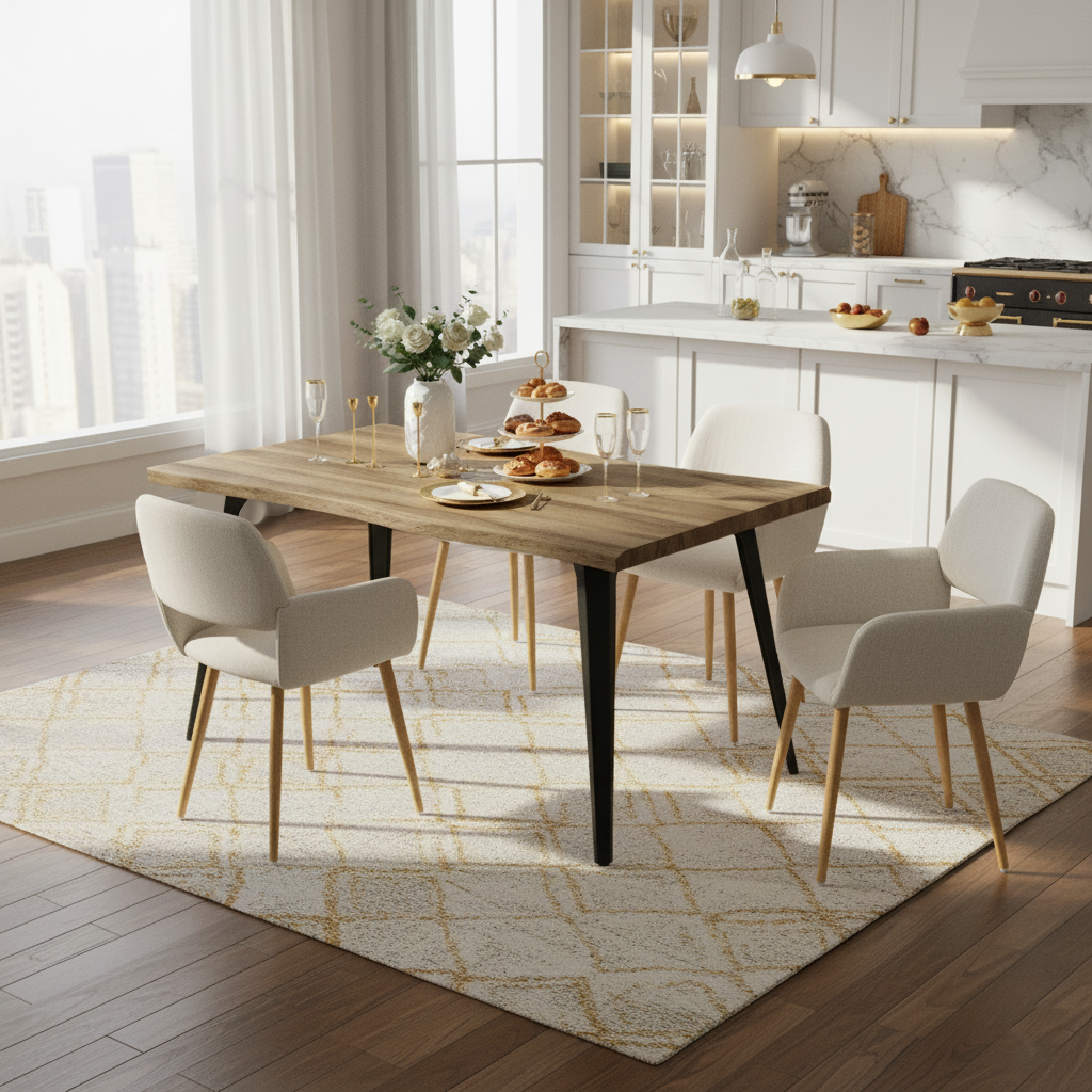 Homy Casa Lancelot 5PC Dining Table Set 63” Walnut Table with 4 Mayfair Beige Upholstered Chairs