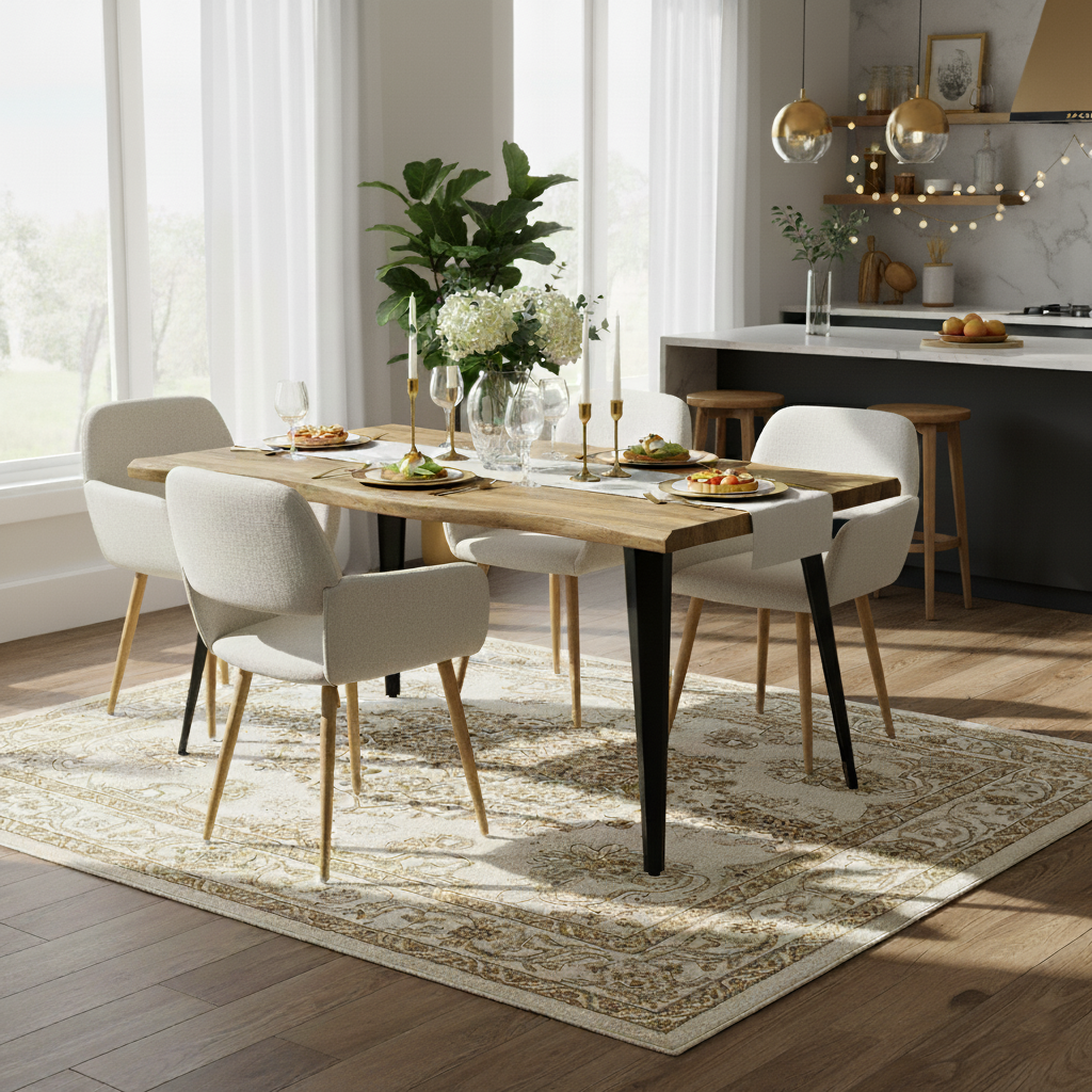 Homy Casa Lancelot 5PC Dining Table Set 63” Walnut Table with 4 Mayfair Beige Upholstered Chairs