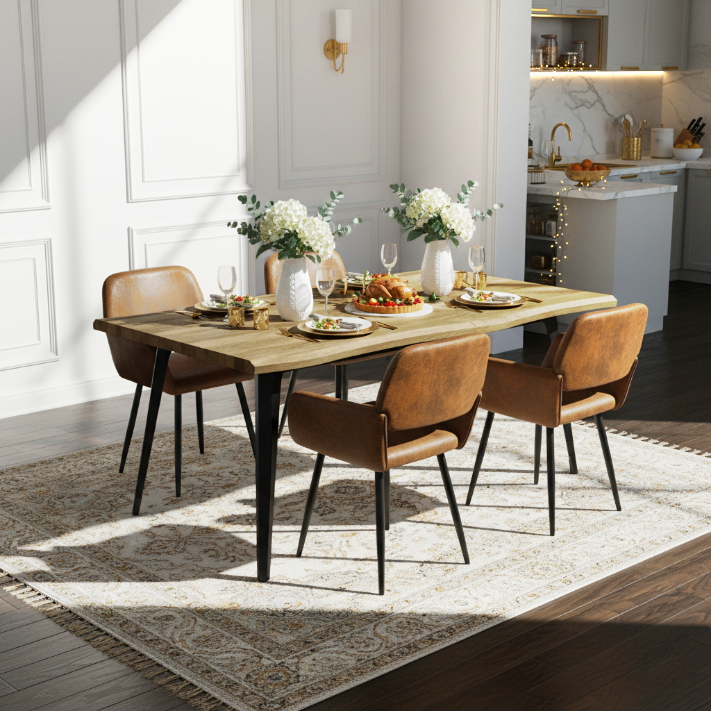 Homy Casa Lancelot 5 Piece Dining Set 63” Walnut Table with 4 Mayfair Upholstered Chairs,Brown
