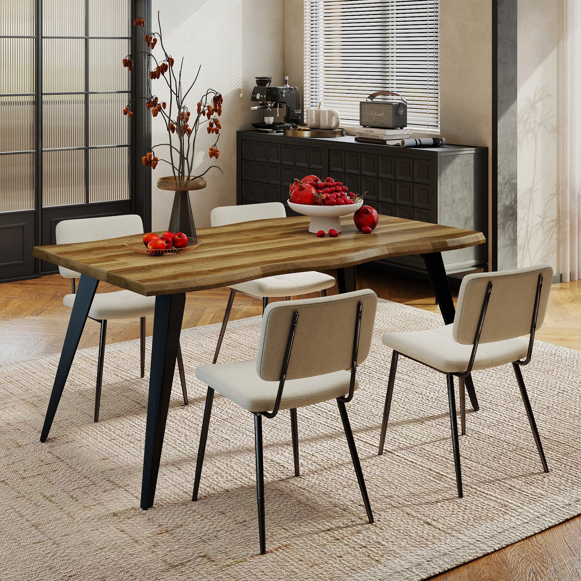 Homy Casa Lancelot 5PC Dining Set 63” Walnut Table with 4 Pomona Upholstered Chairs,Beige