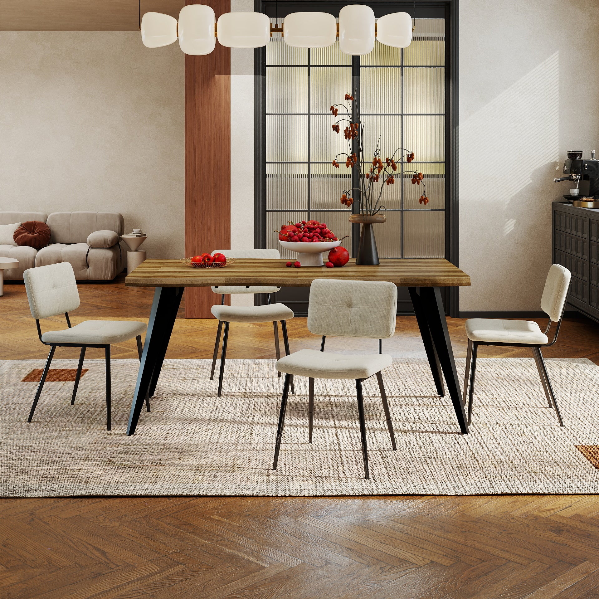 Homy Casa Lancelot 5PC Dining Set 63” Walnut Table with 4 Pomona Upholstered Chairs,Beige