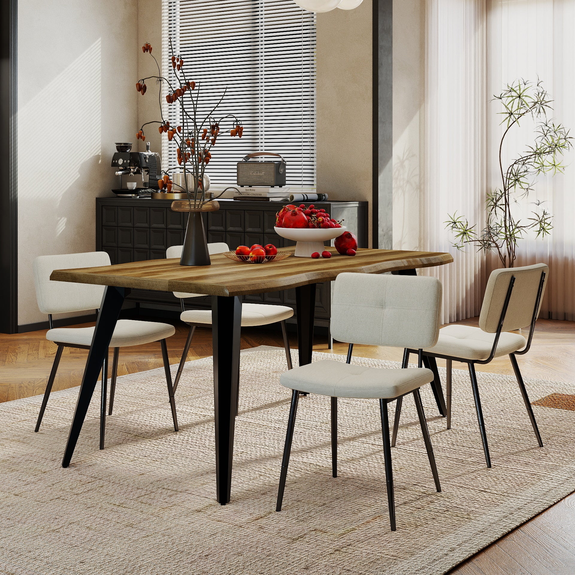 Homy Casa Lancelot 5PC Dining Set 63” Walnut Table with 4 Pomona Upholstered Chairs,Beige