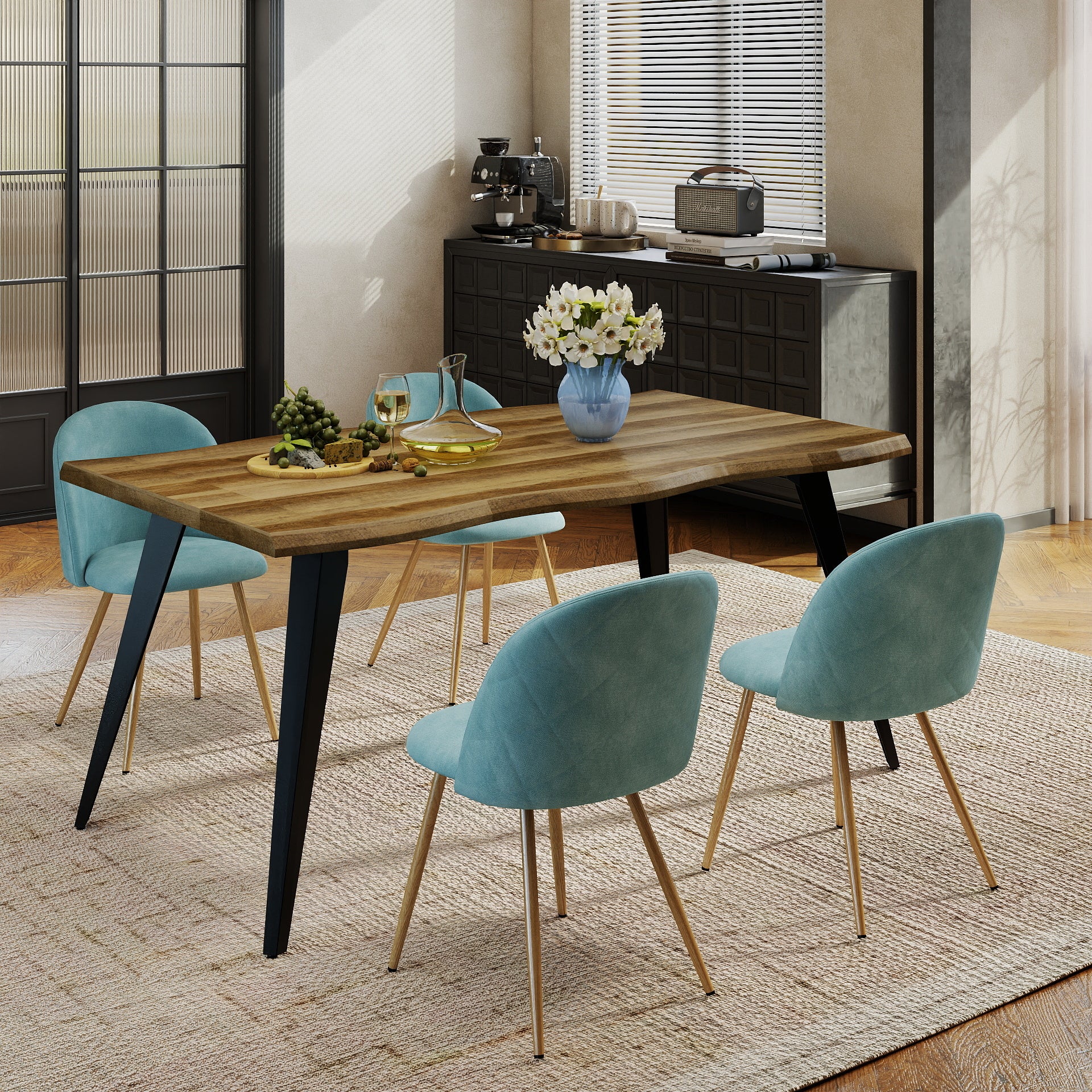 Homy Casa Lancelot 5 Piece Dining Table Set with 4 Puzd Upholstered Chairs,Aloe