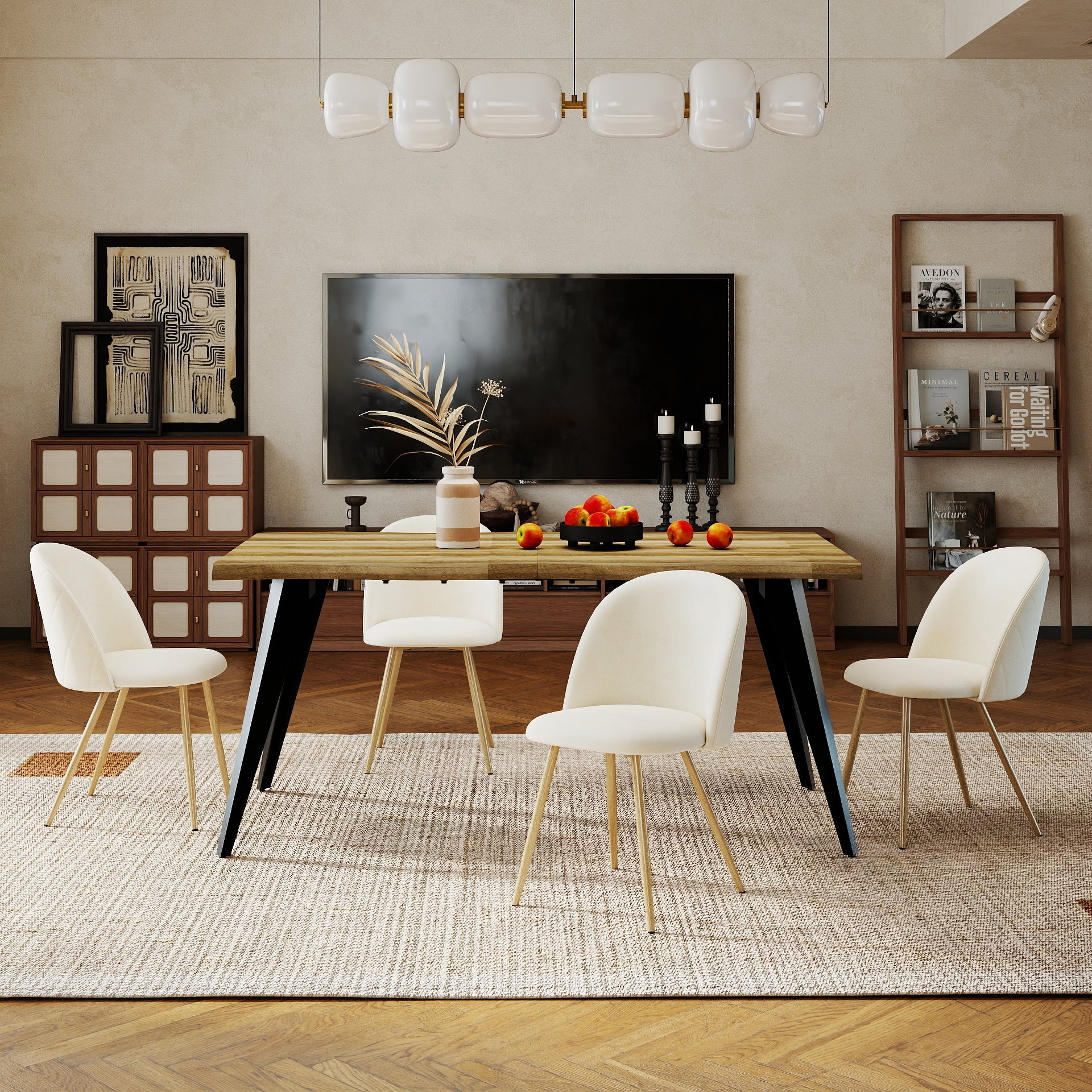 Homy Casa Lancelot 5PC Dining Table Set 63” Walnut Table with 4 Puz Upholstered Chairs,Beige