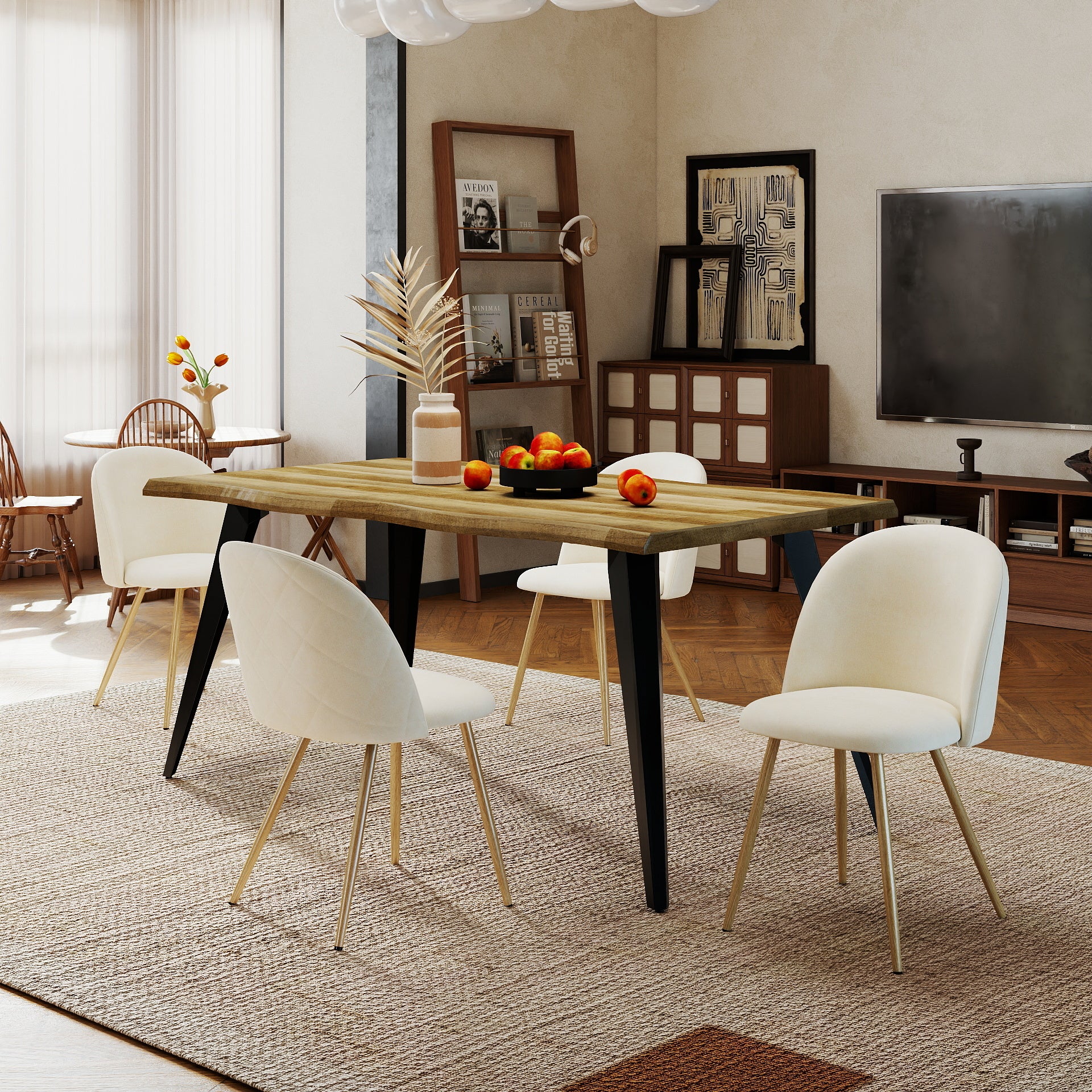 Homy Casa Lancelot 5PC Dining Table Set 63” Walnut Table with 4 Puz Upholstered Chairs,Beige