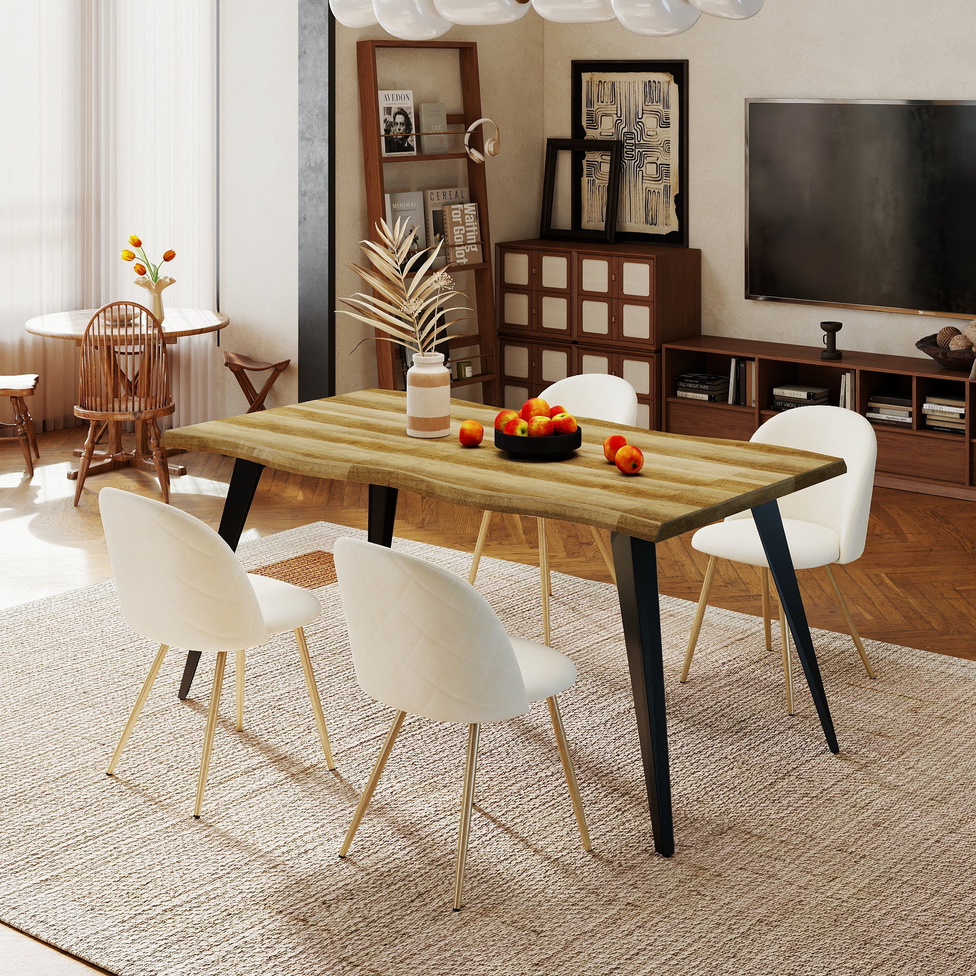 Homy Casa Lancelot 5PC Dining Table Set 63” Walnut Table with 4 Puz Upholstered Chairs,Beige