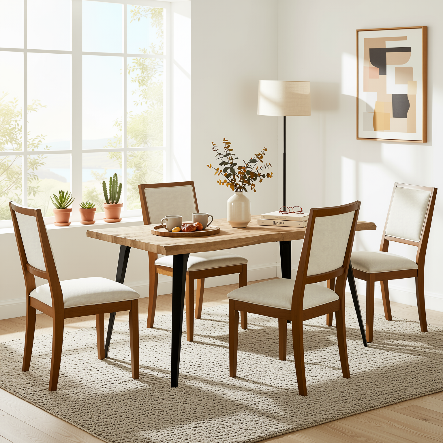Homy Casa Lancelot 5PC Dining Set 63" Walnut Table with 4 Siget Biscuit Upholstered Chairs in Beige and Haze Legs