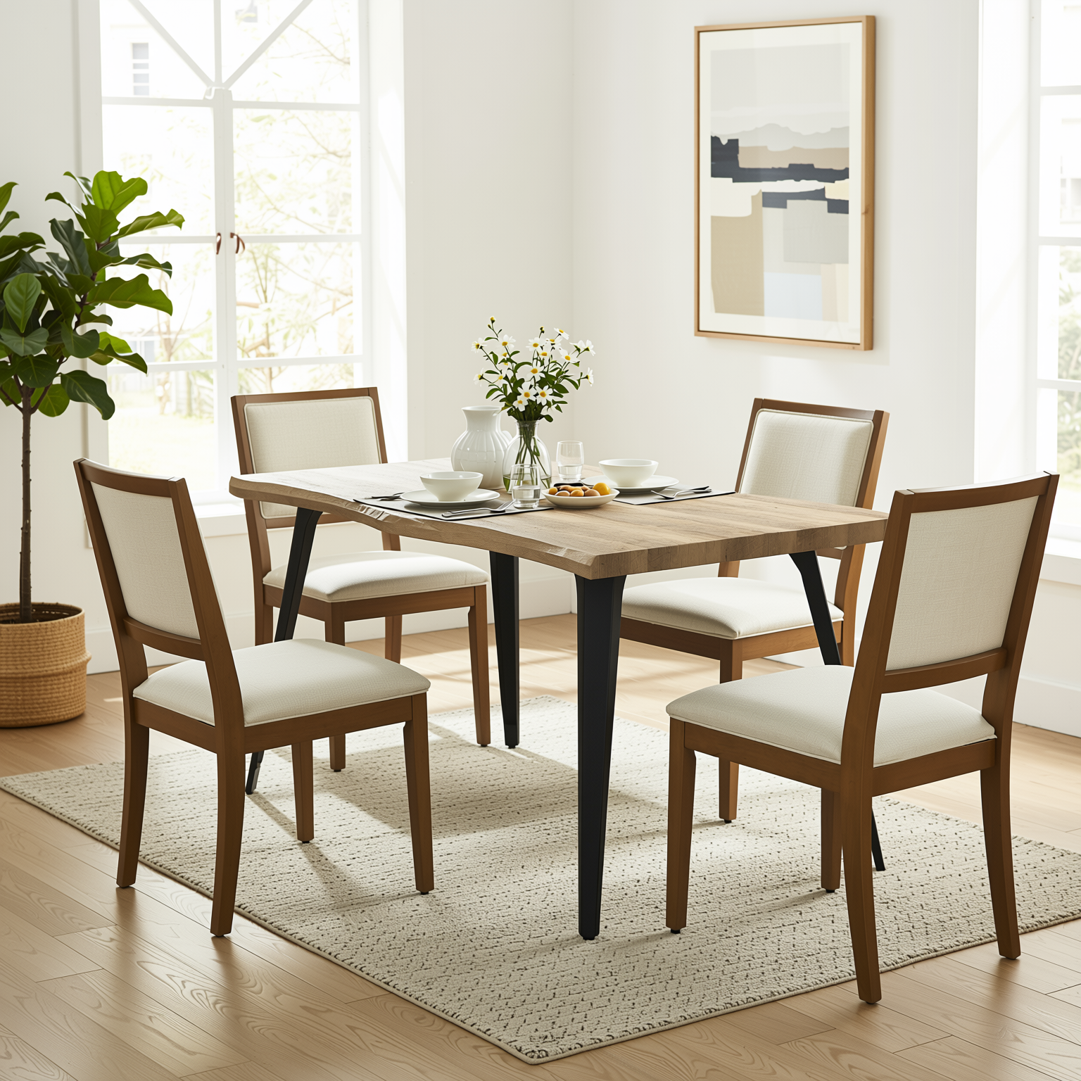Homy Casa Lancelot 5PC Dining Set 63" Walnut Table with 4 Siget Biscuit Upholstered Chairs in Beige and Haze Legs