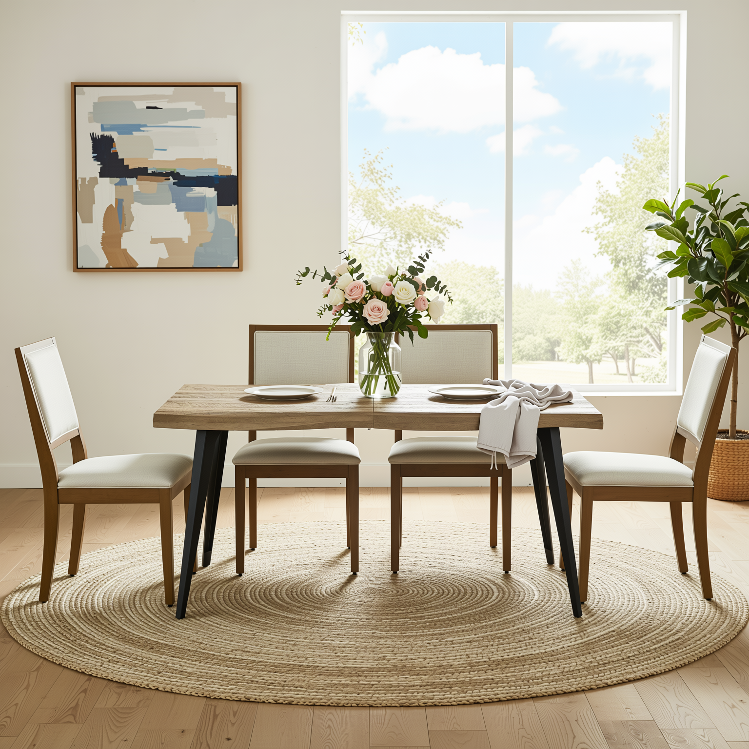 Homy Casa Lancelot 5PC Dining Set 63" Walnut Table with 4 Siget Biscuit Upholstered Chairs in Beige and Haze Legs