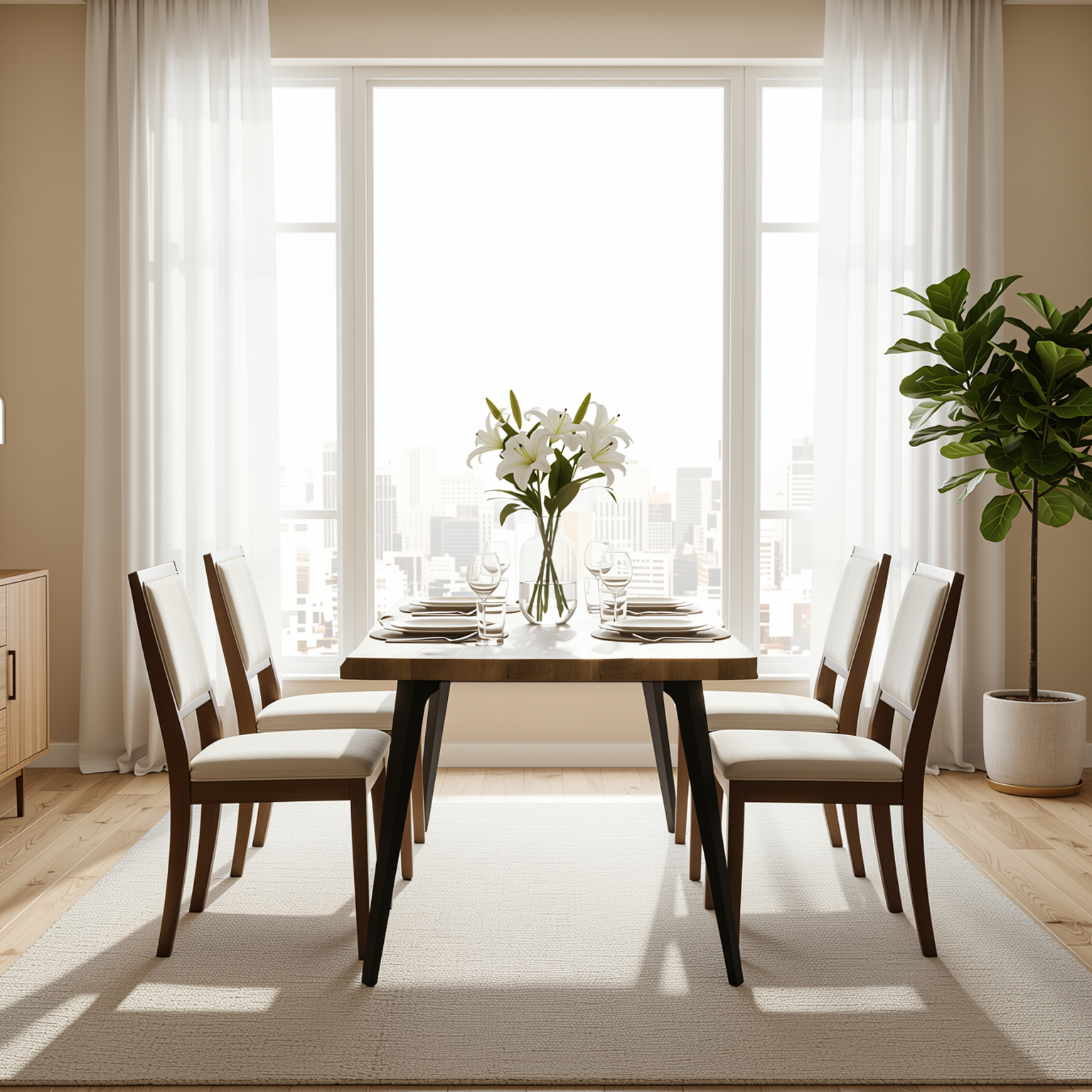 Homy Casa Lancelot 5PC Dining Set 63" Walnut Table with 4 Siget Biscuit Upholstered Chairs in Beige and Haze Legs