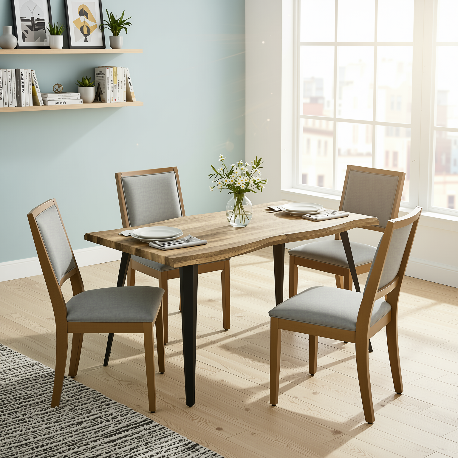 Homy Casa LANCELOT 5 Piece Walnut Dining Table Set with 4 SIGET Upholsted Chairs