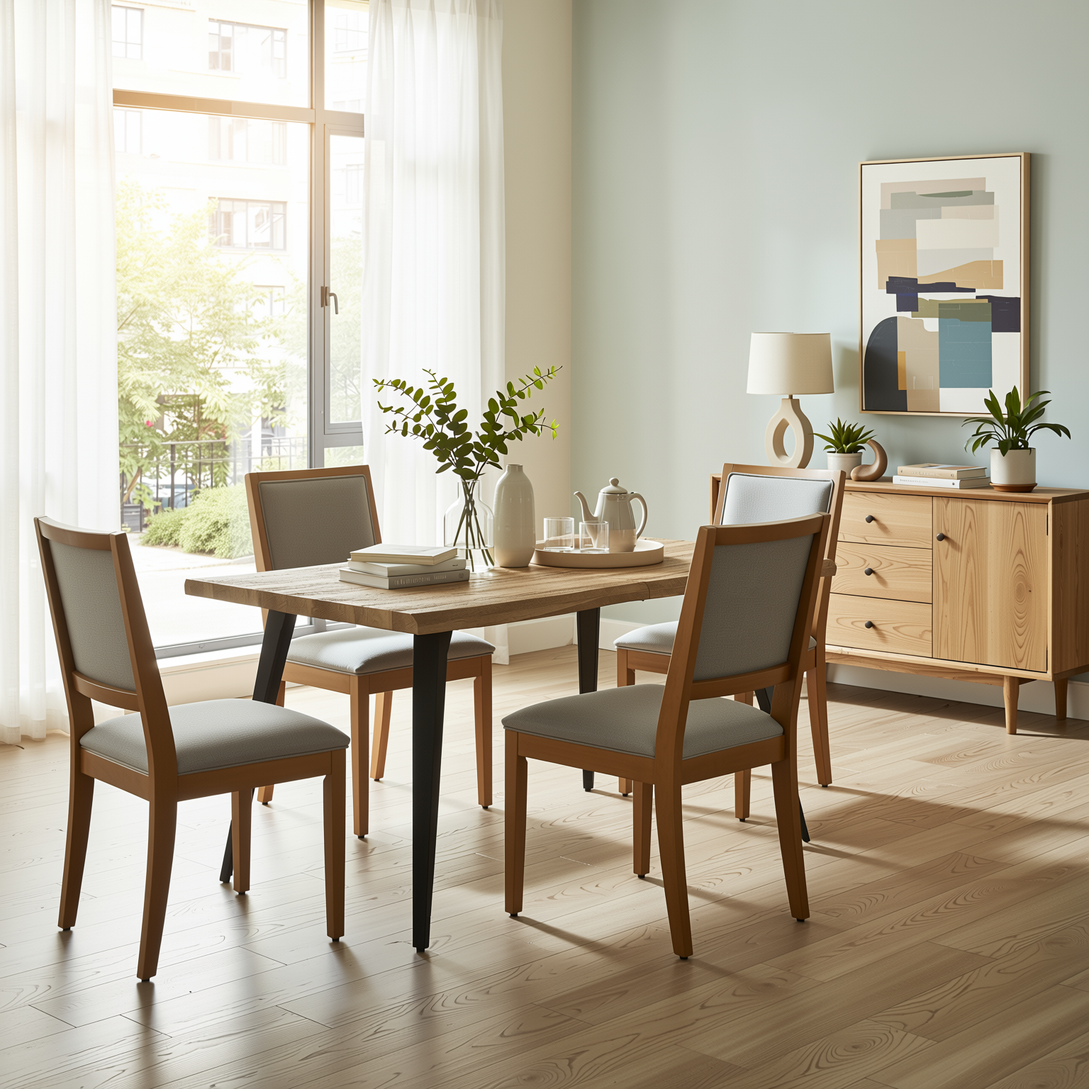 Homy Casa LANCELOT 5 Piece Walnut Dining Table Set with 4 SIGET Upholsted Chairs