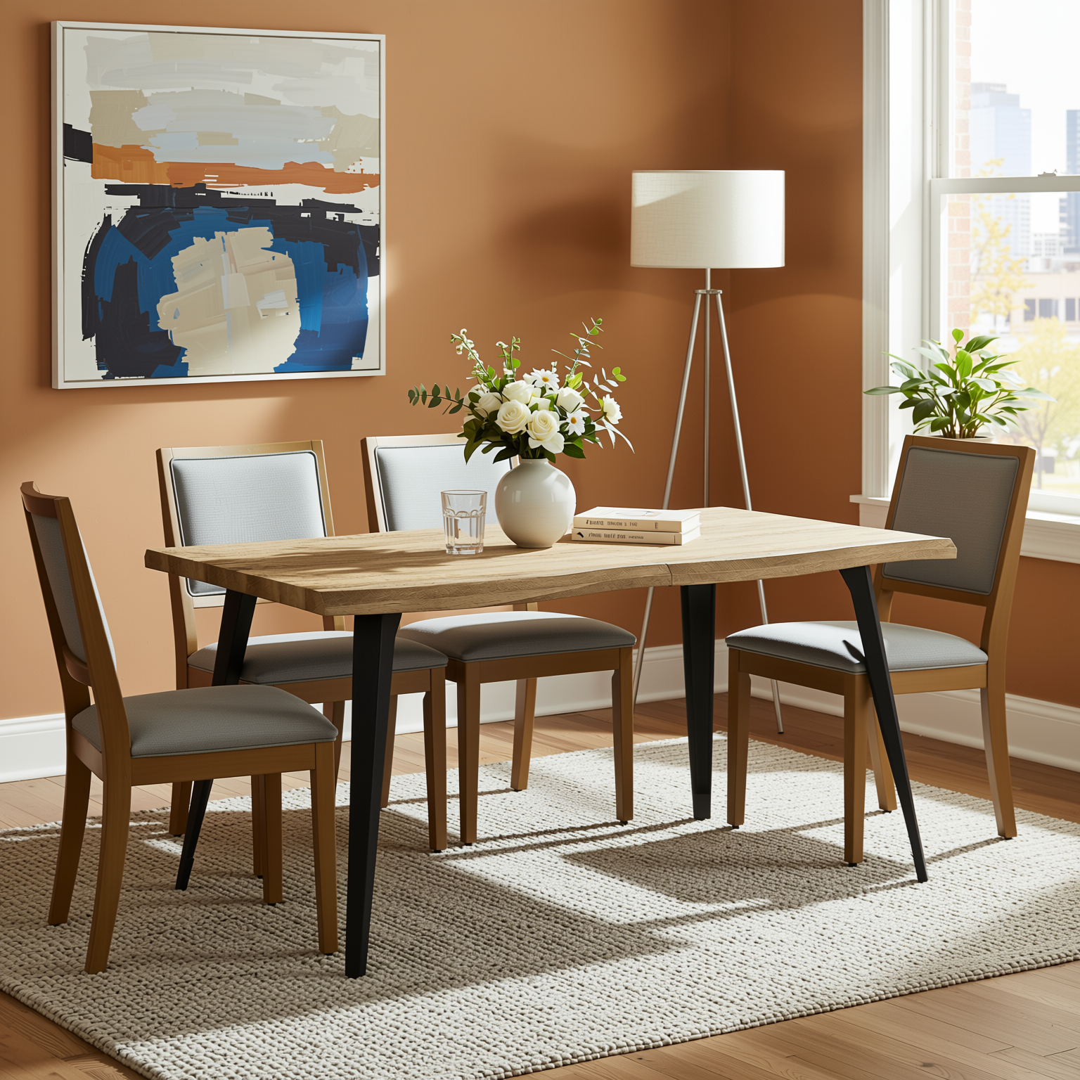 Homy Casa LANCELOT 5 Piece Walnut Dining Table Set with 4 SIGET Upholsted Chairs