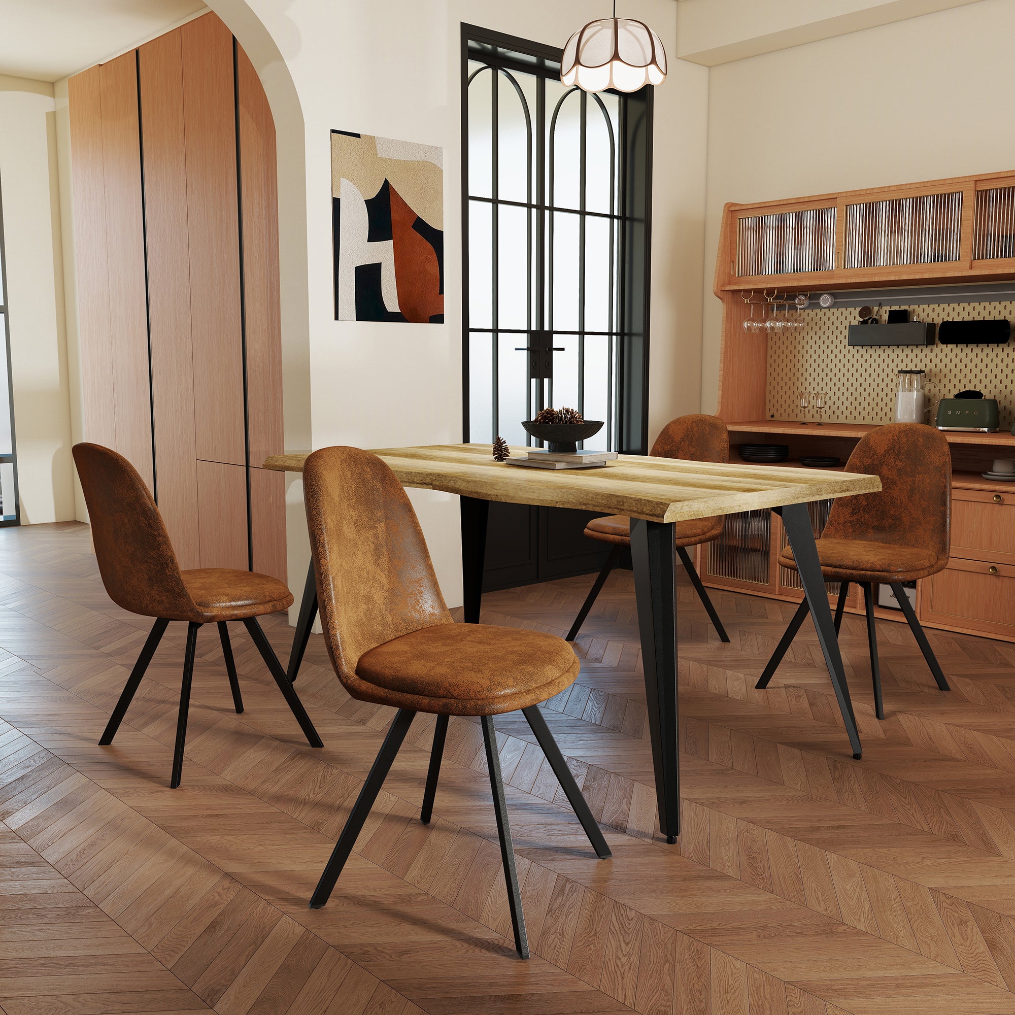 Homy Casa Lancelot 5PC Dining Set 63” Walnut Table with 4 Sunflower Upholstered Chairs,Brown