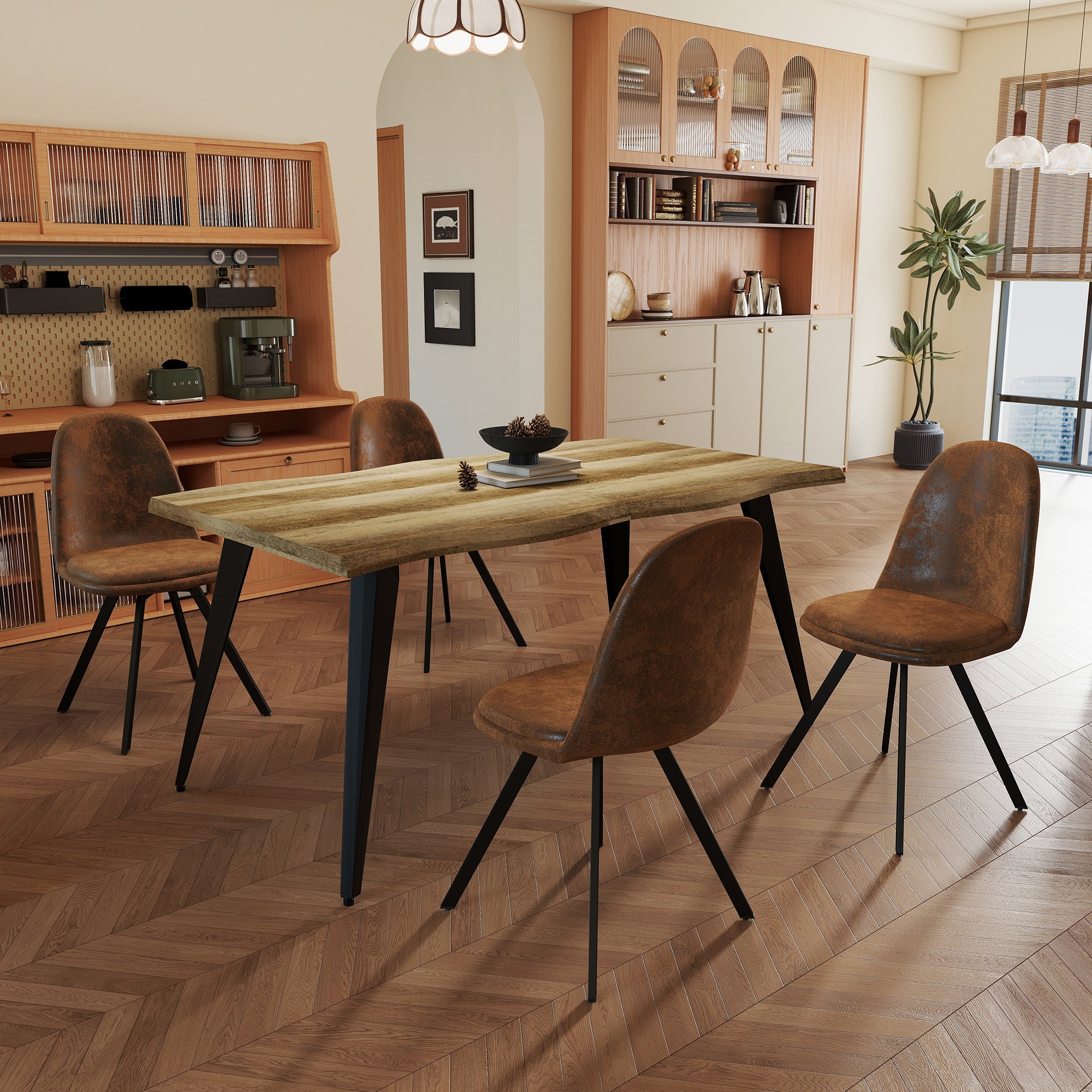 Homy Casa Lancelot 5PC Dining Set 63” Walnut Table with 4 Sunflower Upholstered Chairs,Brown