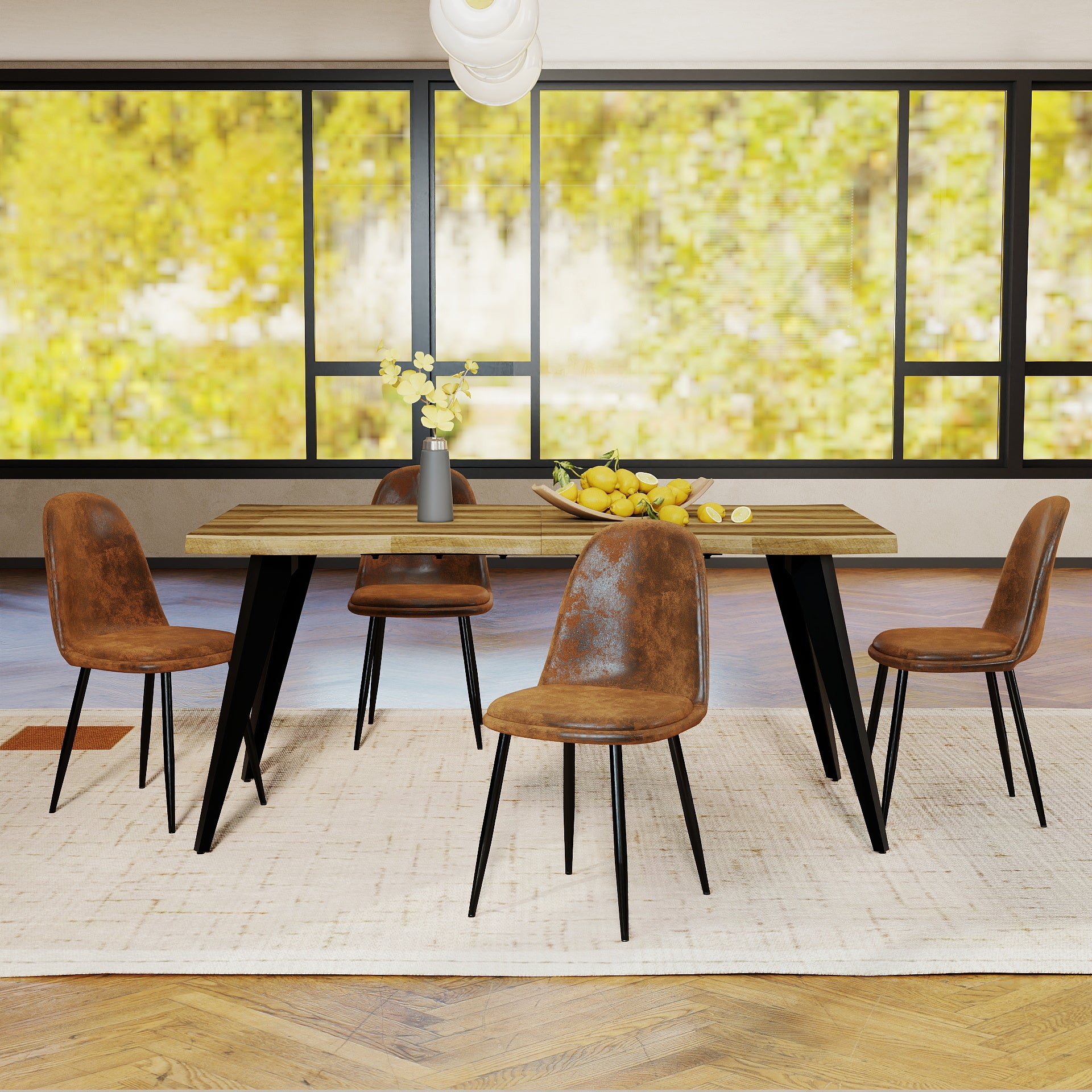 Homy Casa Lancelot 5PC Dining Set 63” Walnut Table with 4 Sunflower Upholstered Chairs,Brown