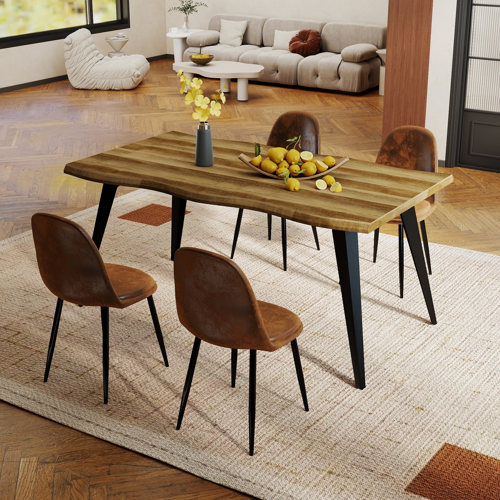 Homy Casa Lancelot 5PC Dining Set 63” Walnut Table with 4 Sunflower Upholstered Chairs,Brown