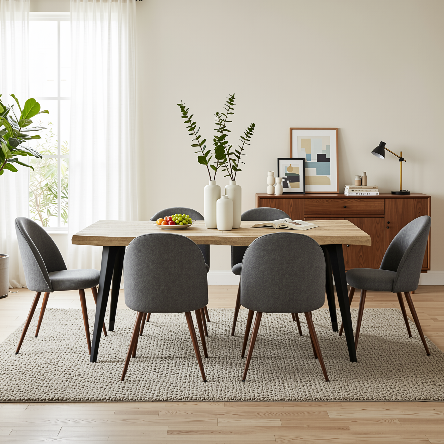 Homy Casa Lancelot KD Walnut 7PC Dining Set 63" Table with 6 Haven Grey Fabric Chairs Walnut Finish