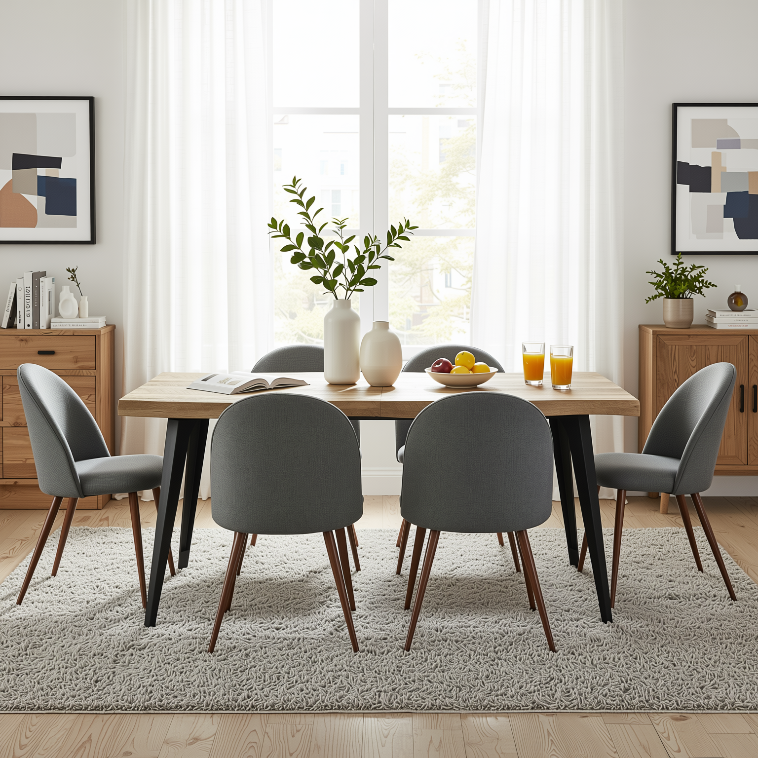 Homy Casa Lancelot KD Walnut 7PC Dining Set 63" Table with 6 Haven Grey Fabric Chairs Walnut Finish