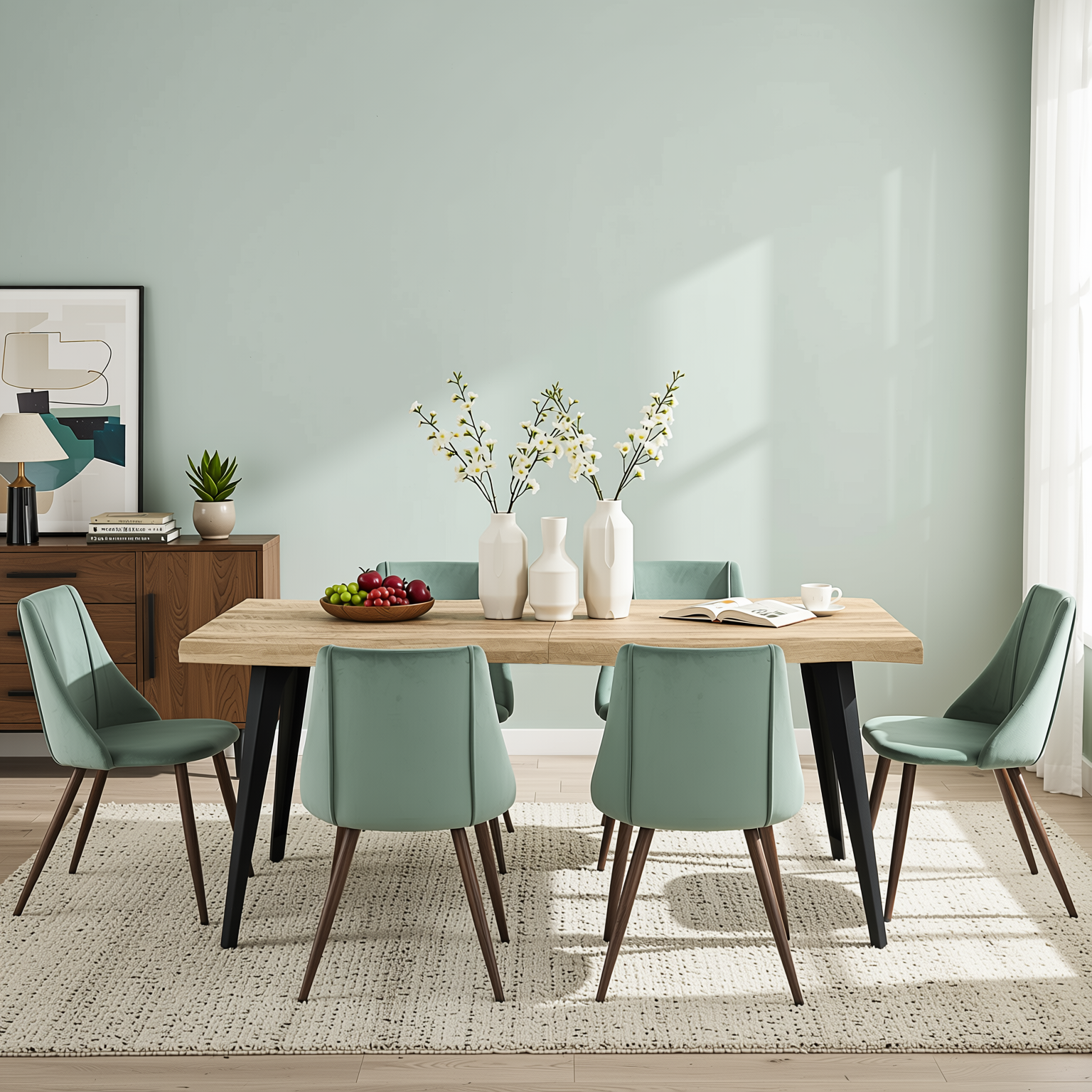 Homy Casa LANCELOT+SMEG 7PC Dining Set 63" Walnut Table with 6 Velvet Cactus Brown Chairs – Kitchen & Dining Furniture Set