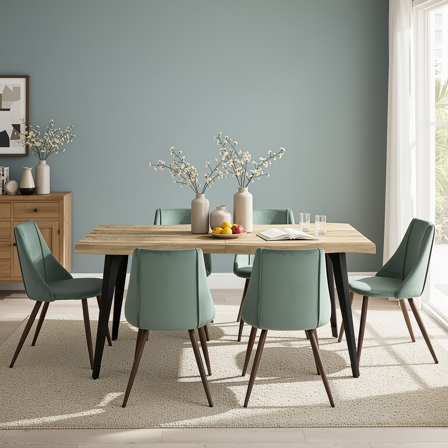 Homy Casa LANCELOT+SMEG 7PC Dining Set 63" Walnut Table with 6 Velvet Cactus Brown Chairs – Kitchen & Dining Furniture Set