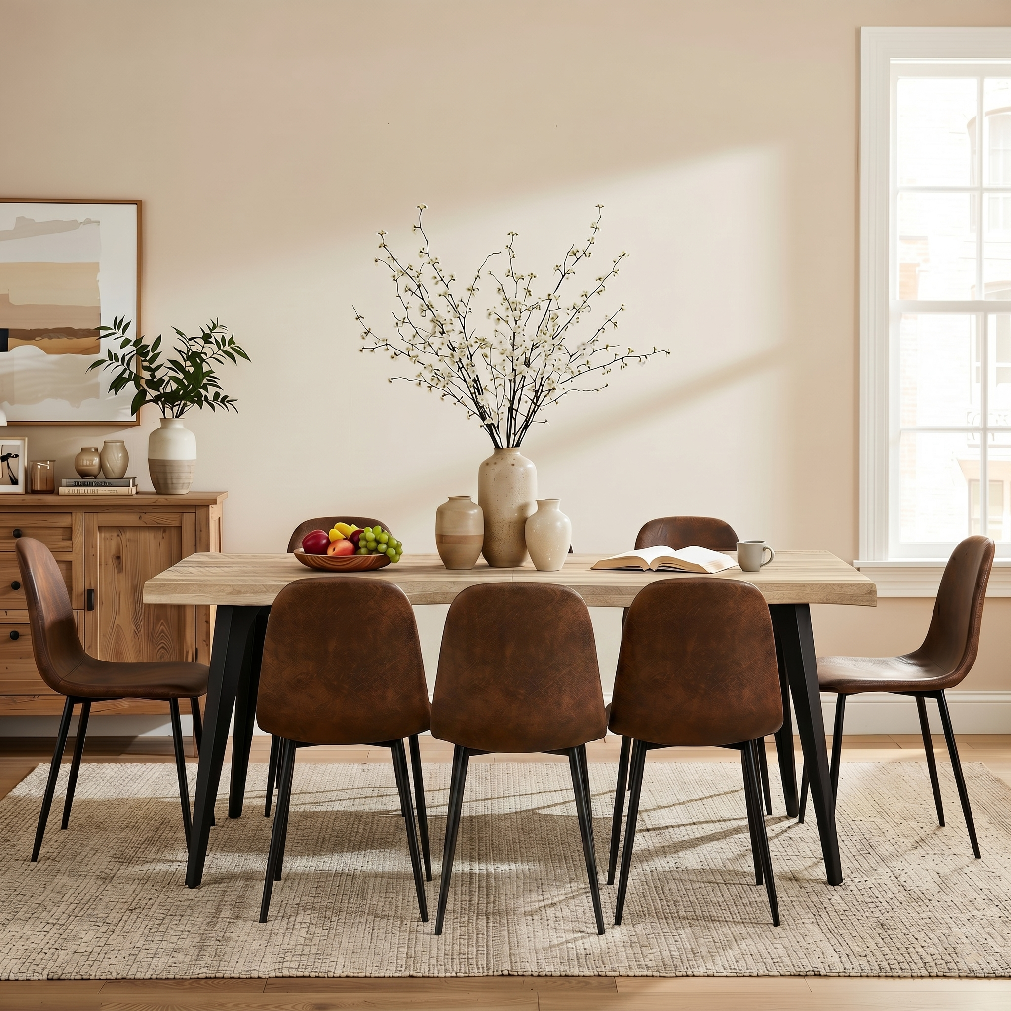 Homy Casa Lancelot + Charlton 9PC Dining Set 63" Table with 8 Charlton Suede Brown Chairs