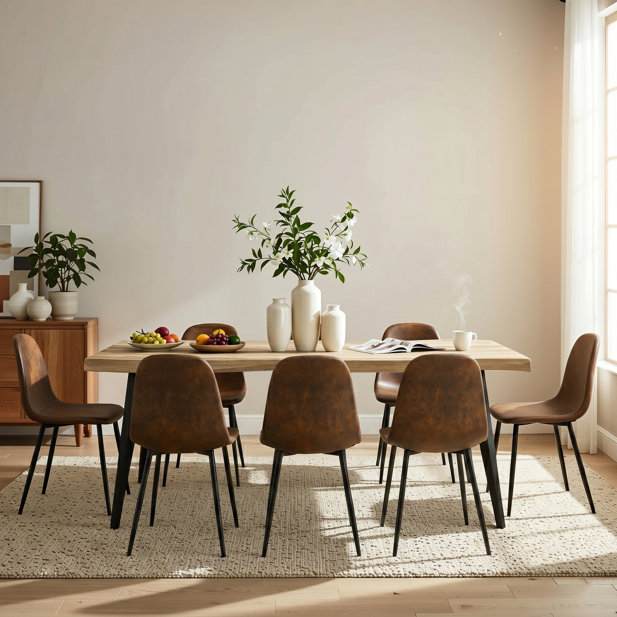 Homy Casa Lancelot + Charlton 9PC Dining Set 63" Table with 8 Charlton Suede Brown Chairs