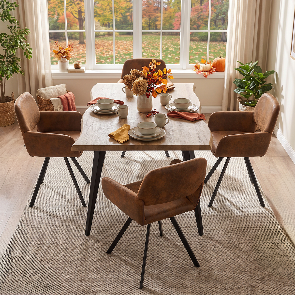 Homy Casa LANCELOT+CALIFORNIA 5PC Dining Set 63" Walnut Table with 4 California Brown Swivel Dining Chairs Open Box