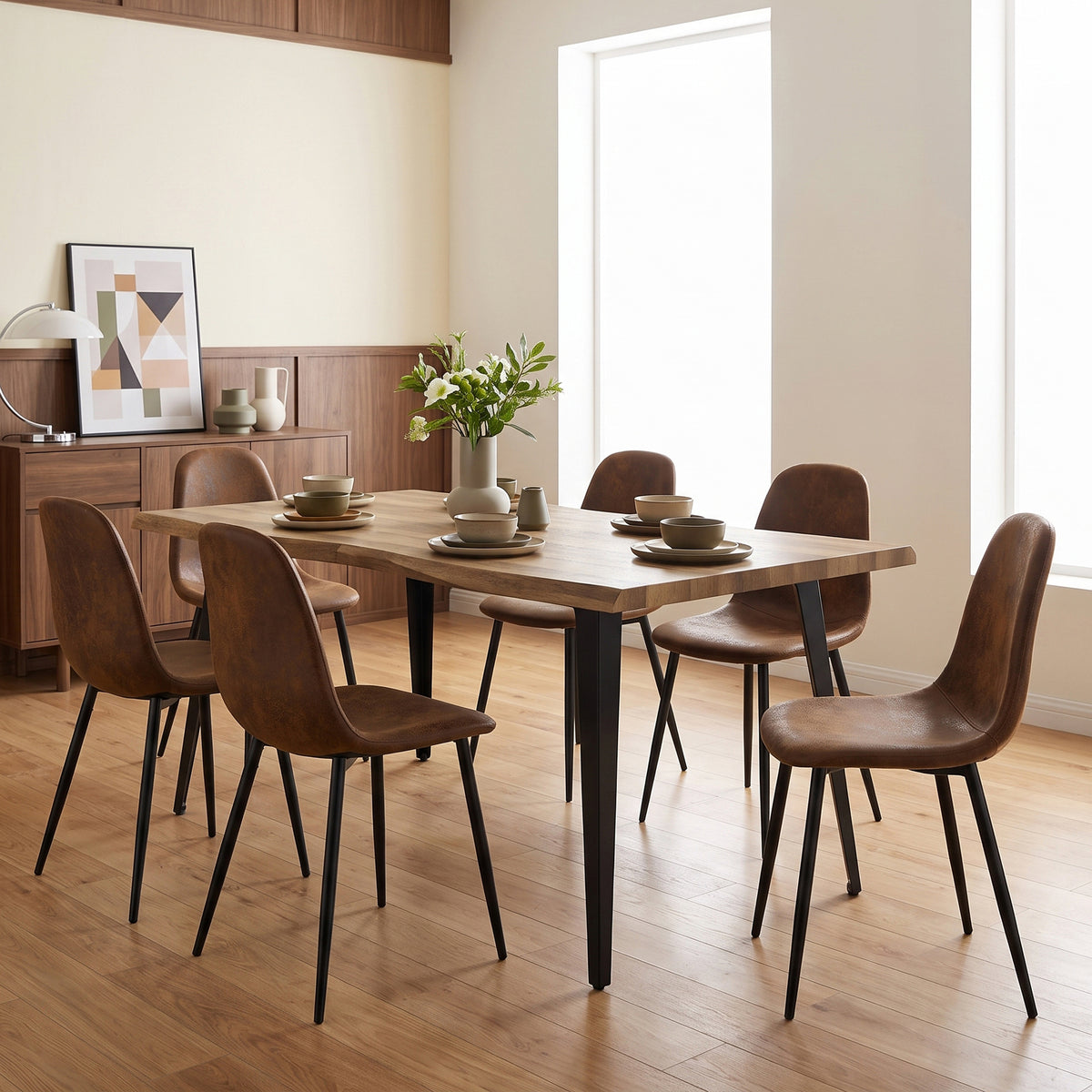 Homy Casa LANCELOT+CHARLTON 7PC Dining Set 63” Walnut Dining Table with 6 Charlton Brown Suede Chairs Open Box