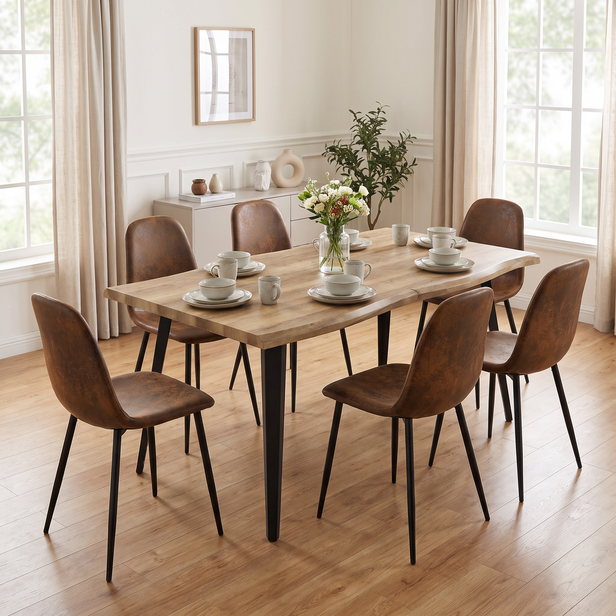 Homy Casa LANCELOT+CHARLTON 7PC Dining Set 63” Walnut Dining Table with 6 Charlton Brown Suede Chairs Open Box