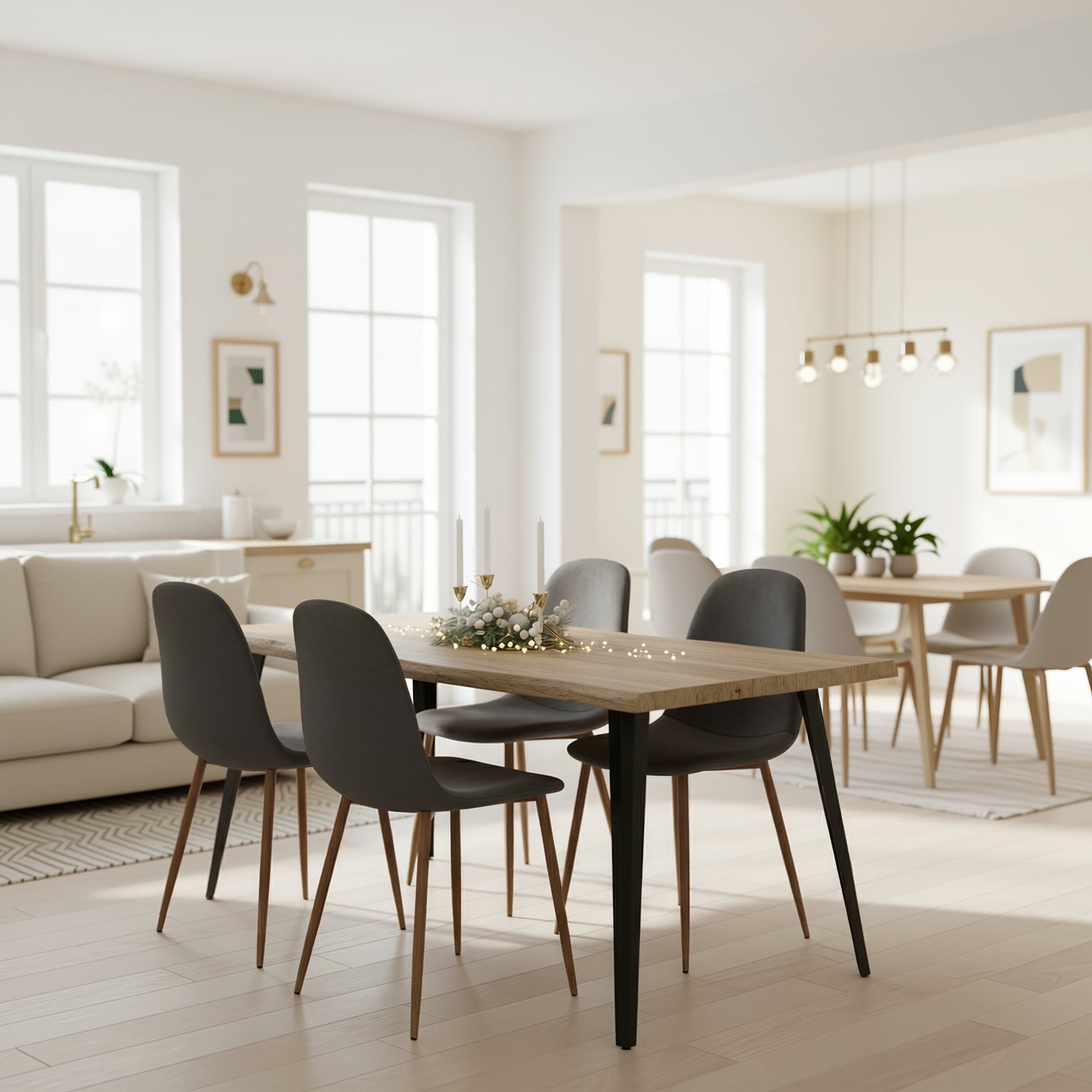 Homy Casa Lancelot 5PC Dining Set 63” Walnut Table with 4 Charlton Velvet Grey Upholstered Chairs