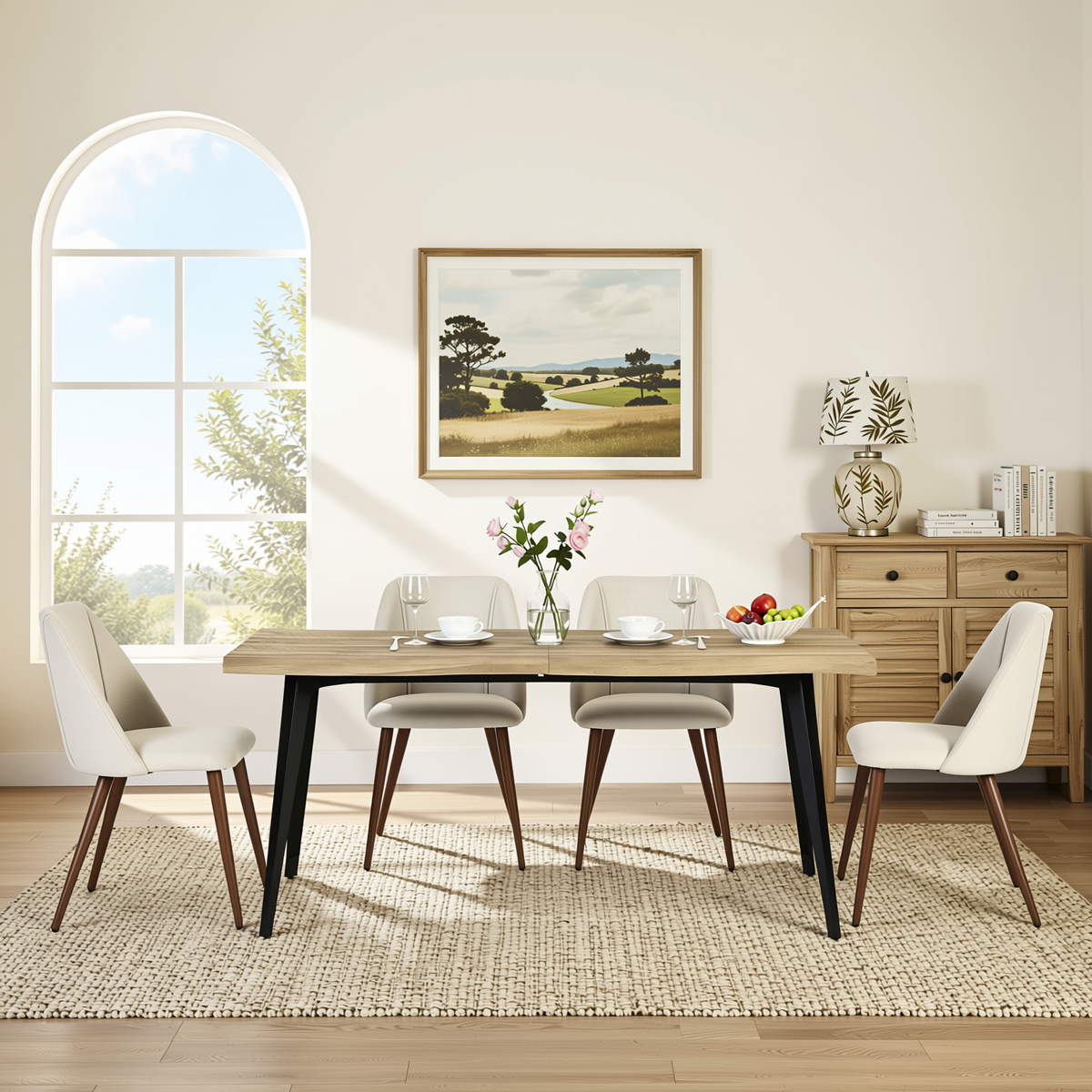Homy Casa LANCELOT+KALI 5PC Dining Set 63" Walnut Table with 4 Kali Beige Fabric Chairs