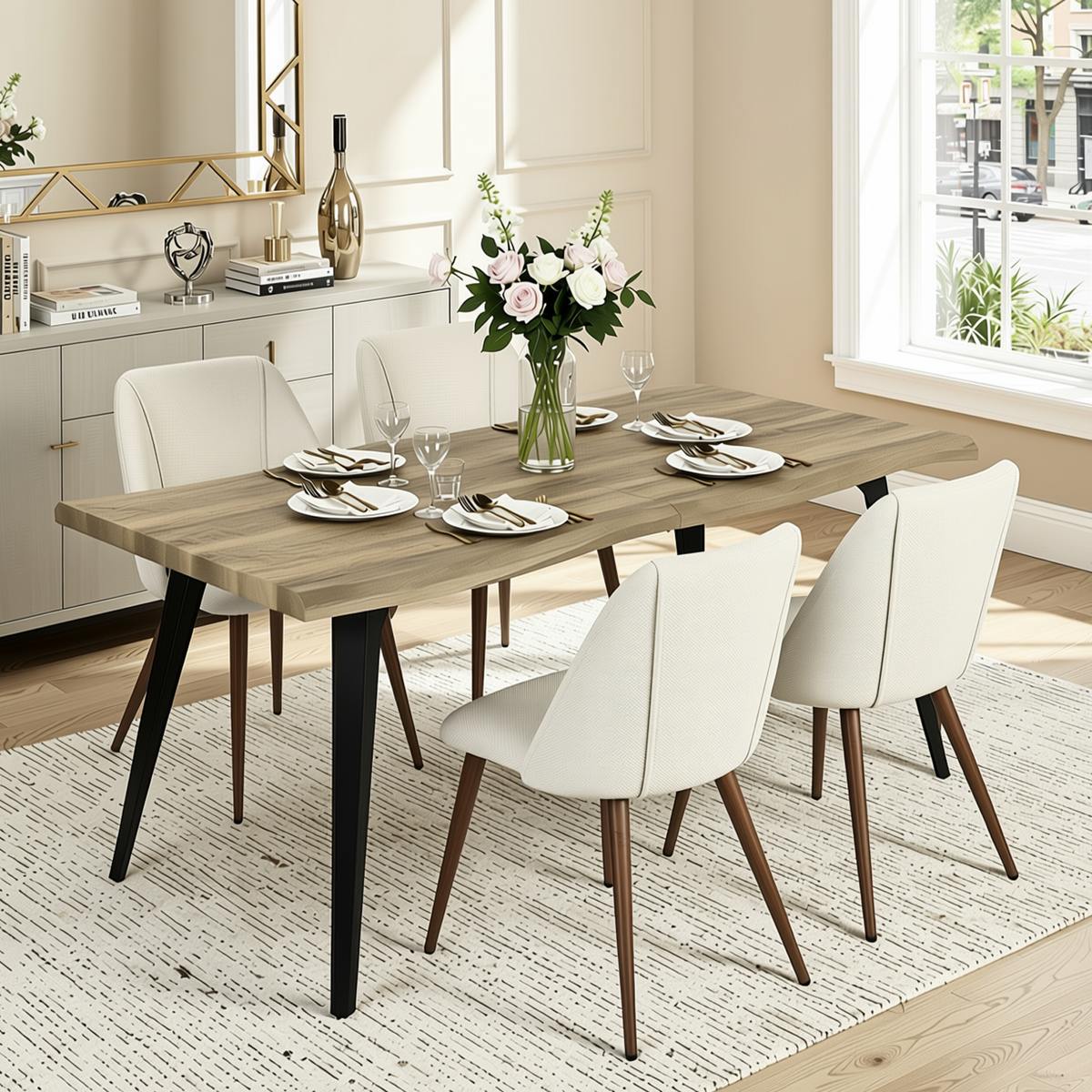 Homy Casa LANCELOT+KALI 5PC Dining Set 63" Walnut Table with 4 Kali Beige Fabric Chairs