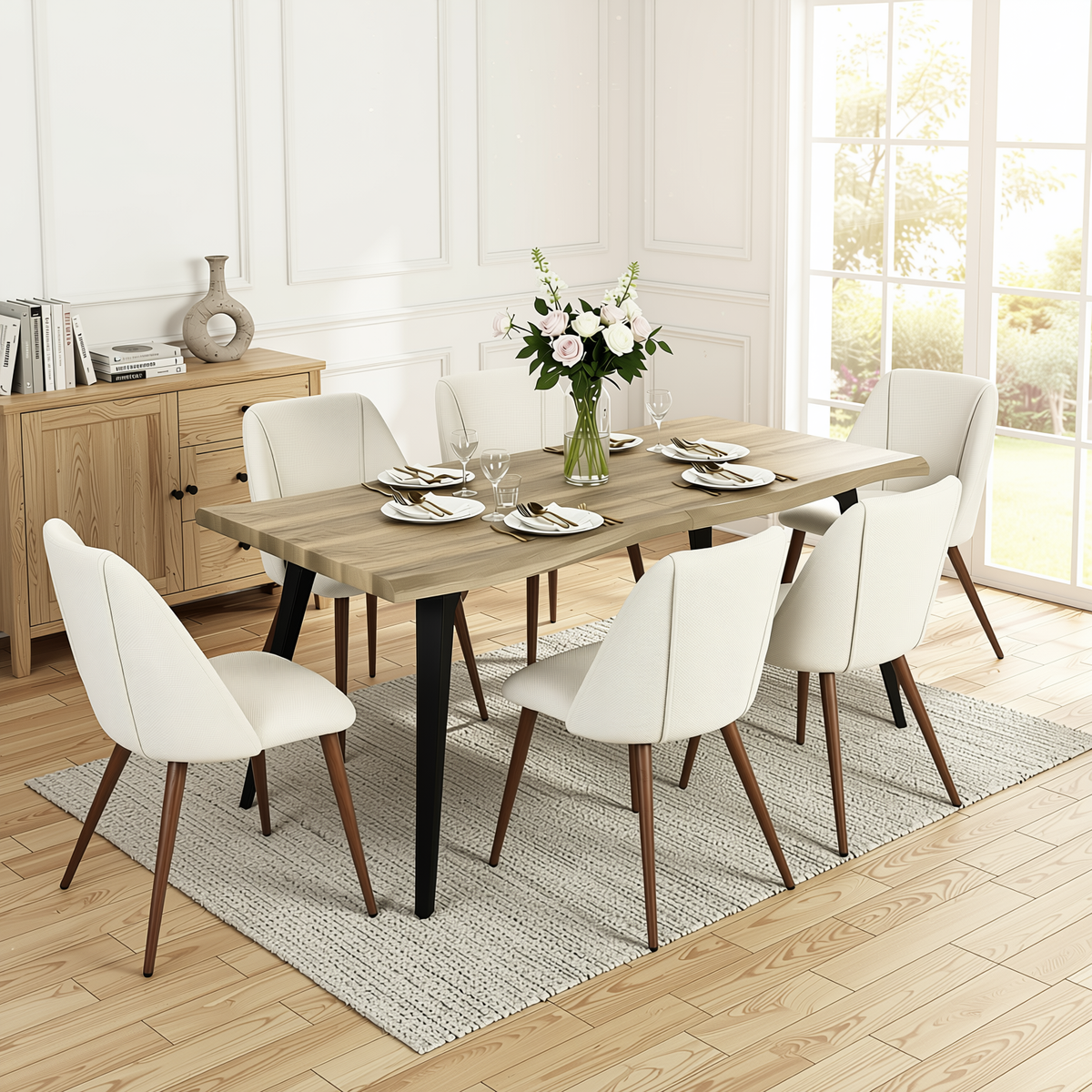 Homy Casa LANCELOT+KALI 7PC Dining Set 63" Table with 6 Upholstered Chairs