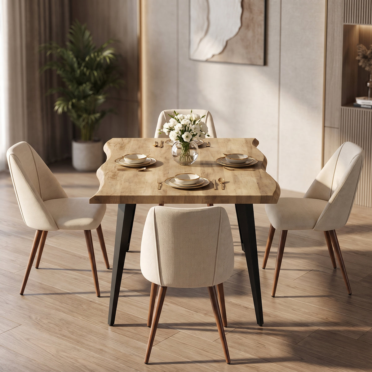 Homy Casa LANCELOT+KALI 5PC Dining Set 63" Walnut Table with 4 Kali Beige Fabric Chairs
