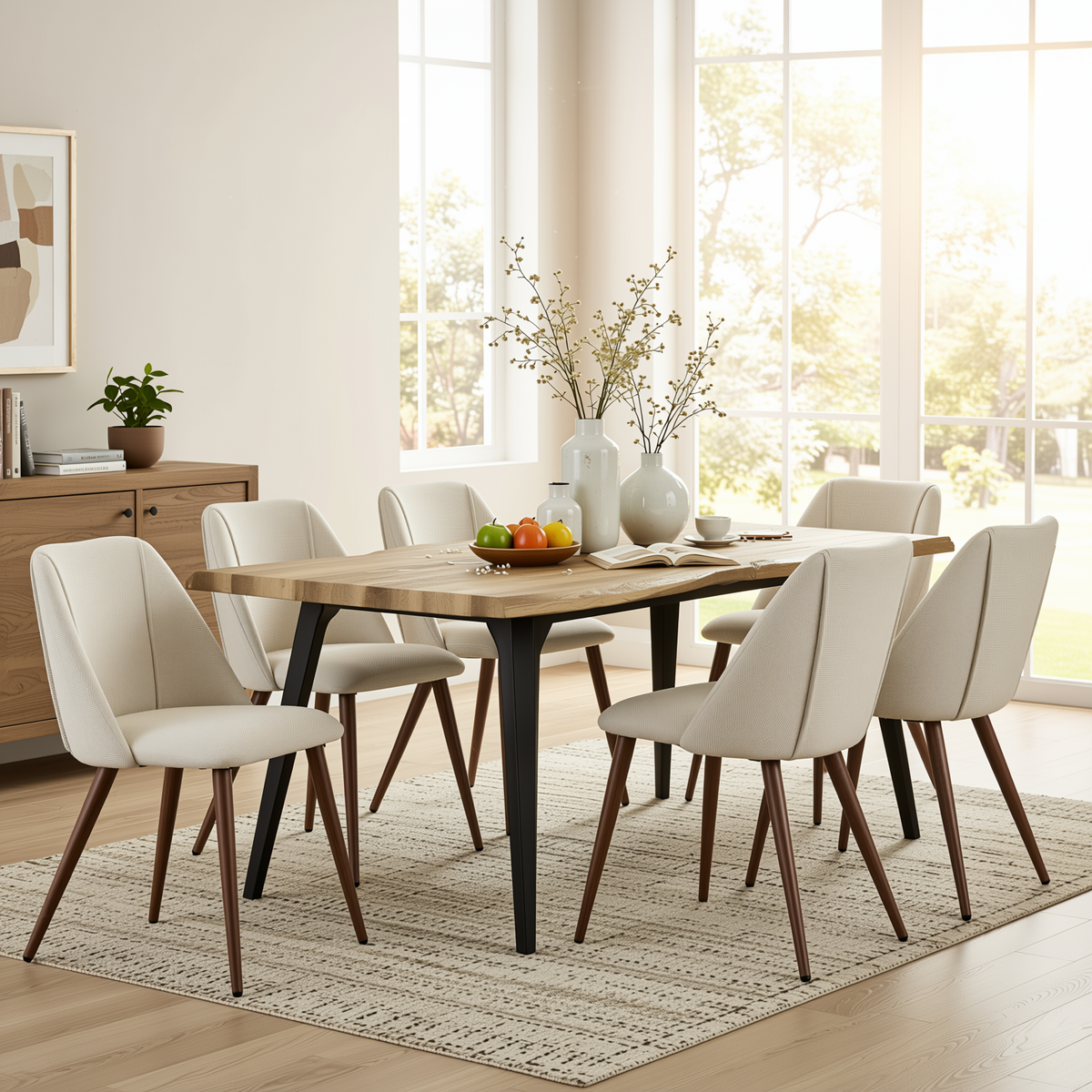 Homy Casa LANCELOT+KALI 7PC Dining Set 63" Table with 6 Upholstered Chairs