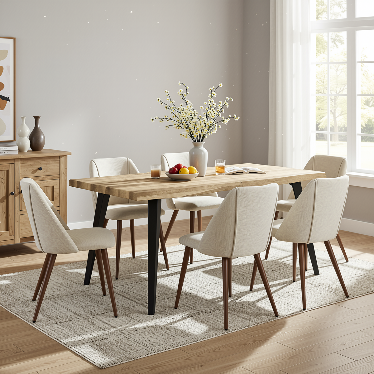 Homy Casa LANCELOT+KALI 7PC Dining Set 63" Table with 6 Upholstered Chairs