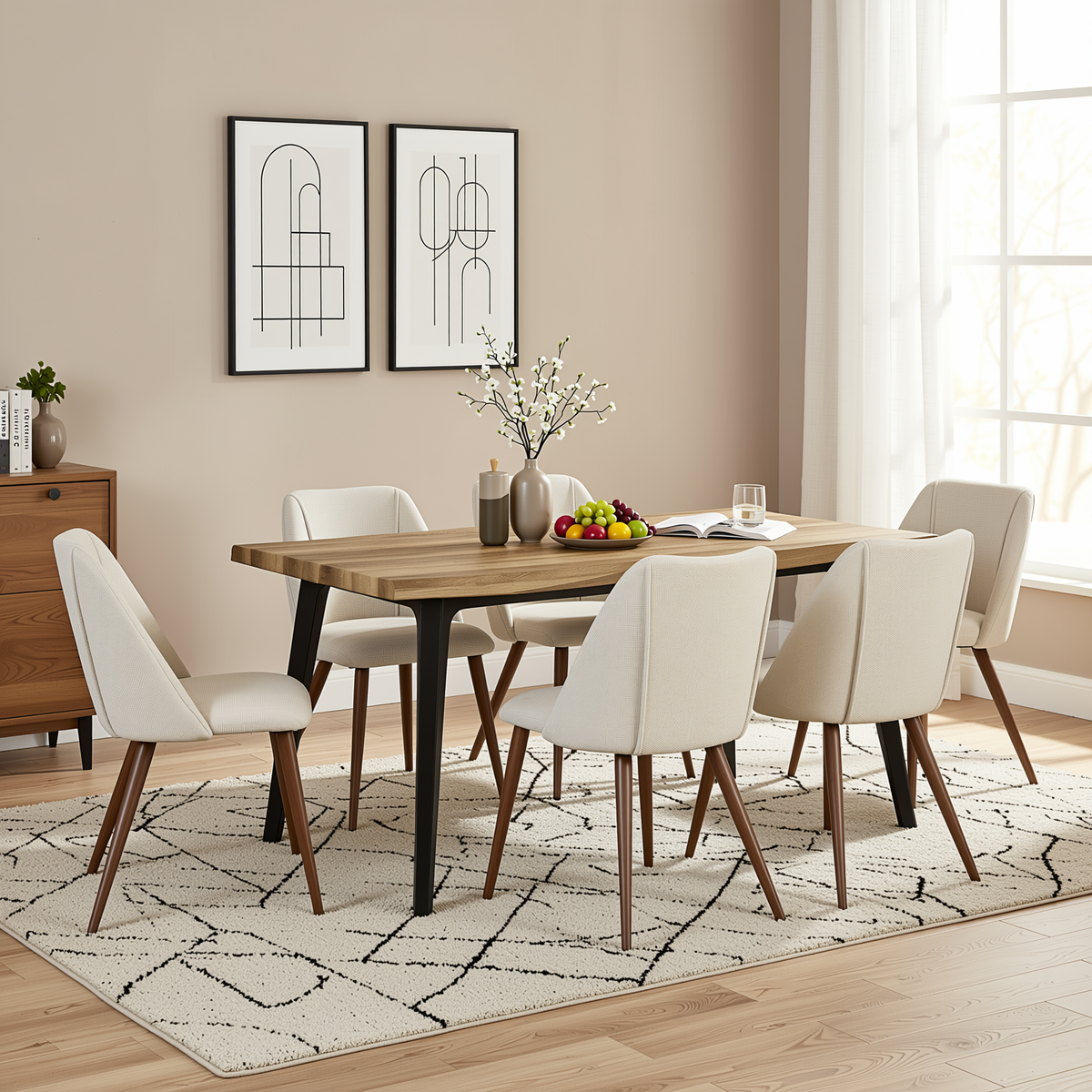 Homy Casa LANCELOT+KALI 7PC Dining Set 63" Table with 6 Upholstered Chairs