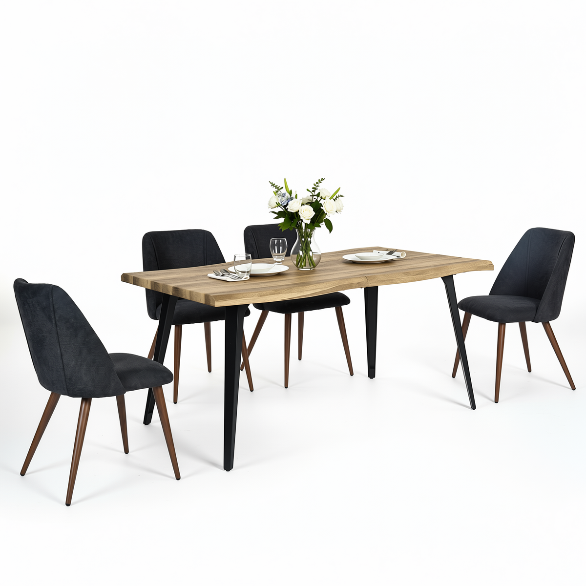 Homy Casa LANCELOT+KALI 5PC Dining Set 63" Walnut Table with 4 Kali Charcoal Fabric Chairs Walnut Legs