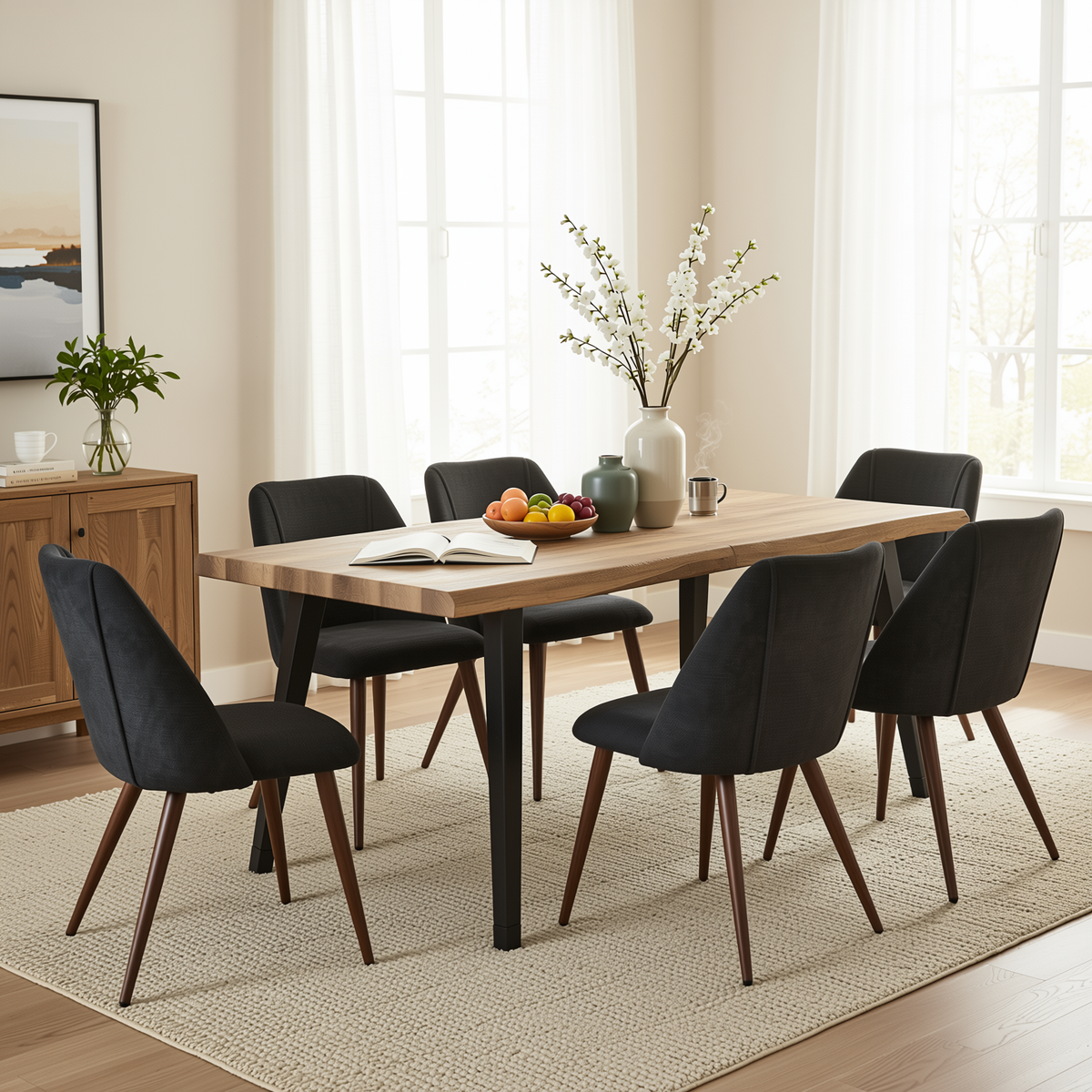 Homy Casa LANCELOT+KALI 7PC Dining Set 63" Table with 6 Upholstered Chairs in Walnut Finish