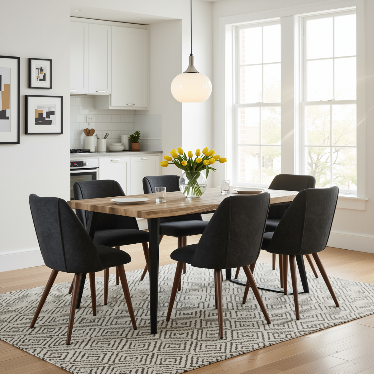Homy Casa LANCELOT+KALI 7PC Dining Set 63" Table with 6 Upholstered Chairs in Walnut Finish