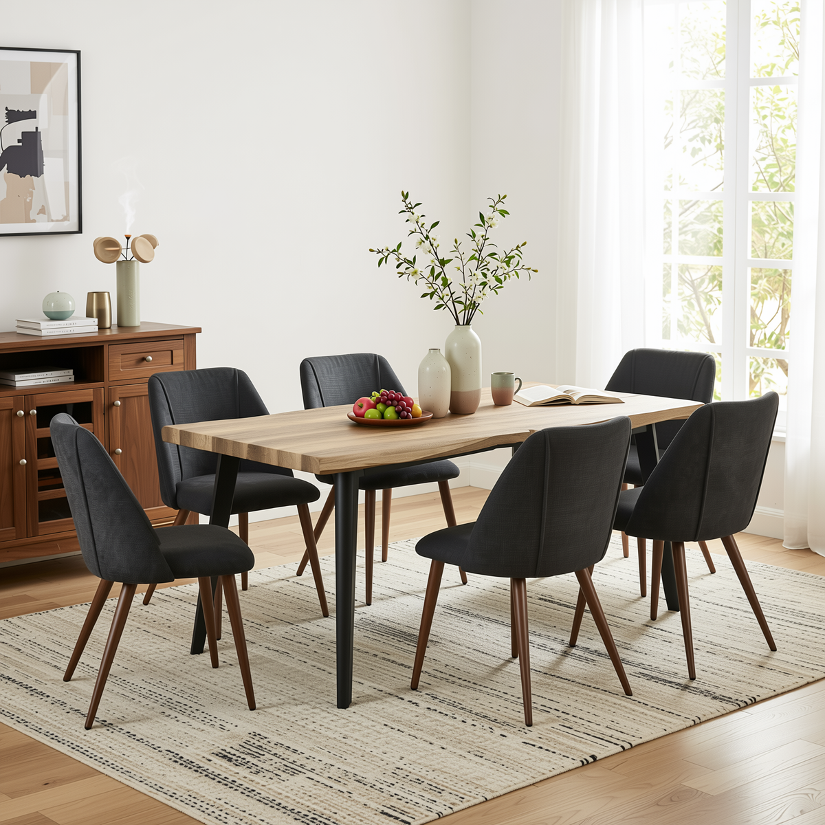 Homy Casa LANCELOT+KALI 7PC Dining Set 63" Table with 6 Upholstered Chairs in Walnut Finish