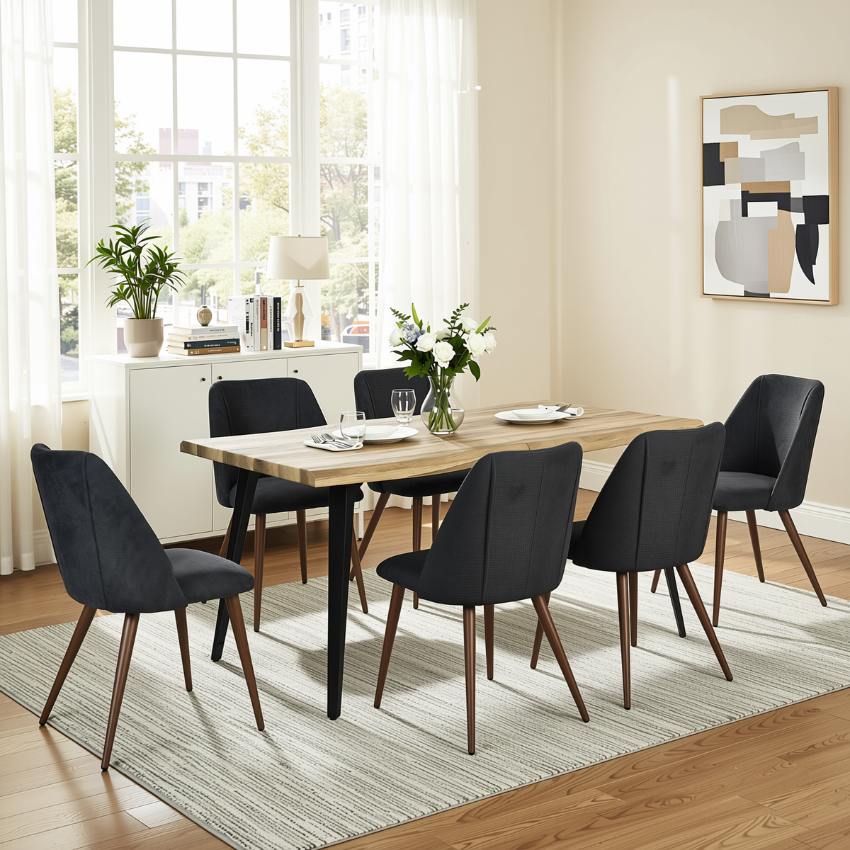 Homy Casa LANCELOT+KALI 7PC Dining Set 63" Table with 6 Upholstered Chairs in Walnut Finish