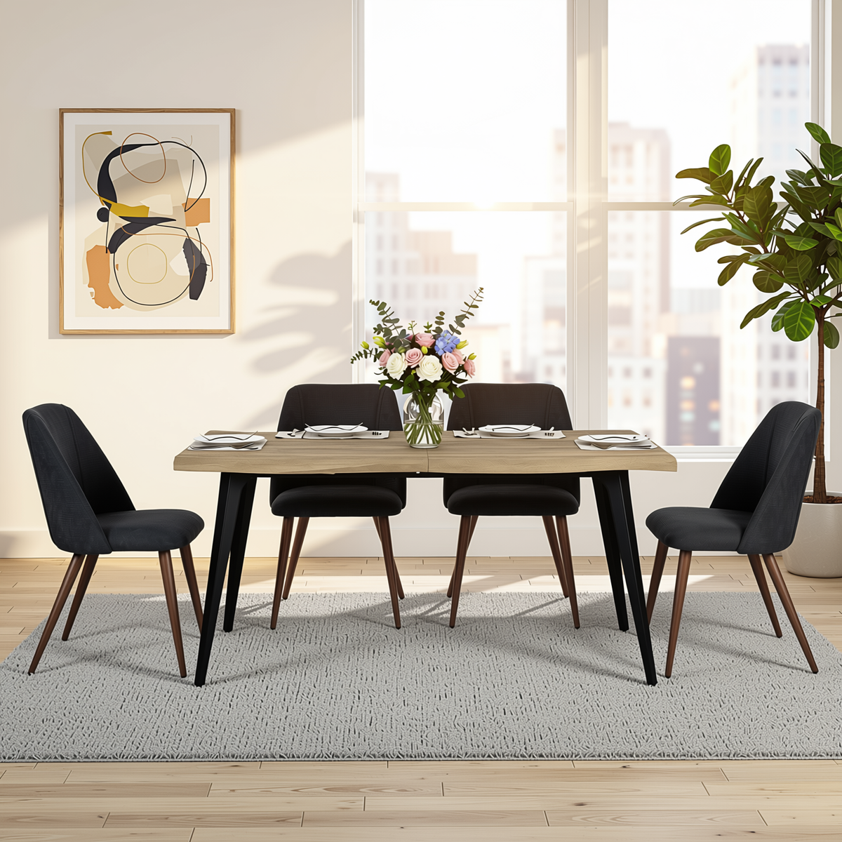 Homy Casa LANCELOT+KALI 5PC Dining Set 63" Walnut Table with 4 Kali Charcoal Fabric Chairs Walnut Legs