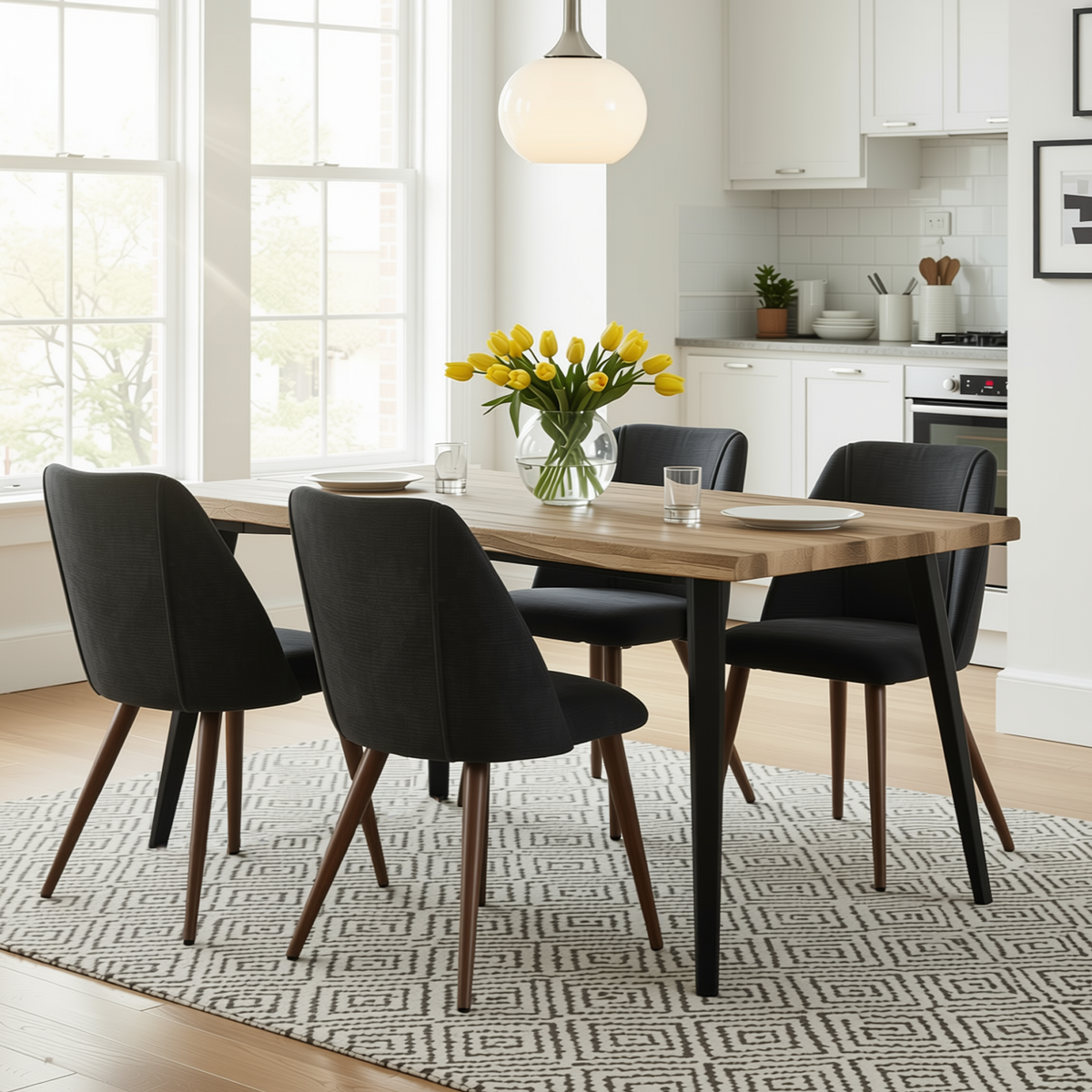 Homy Casa LANCELOT+KALI 5PC Dining Set 63" Walnut Table with 4 Kali Charcoal Fabric Chairs Walnut Legs