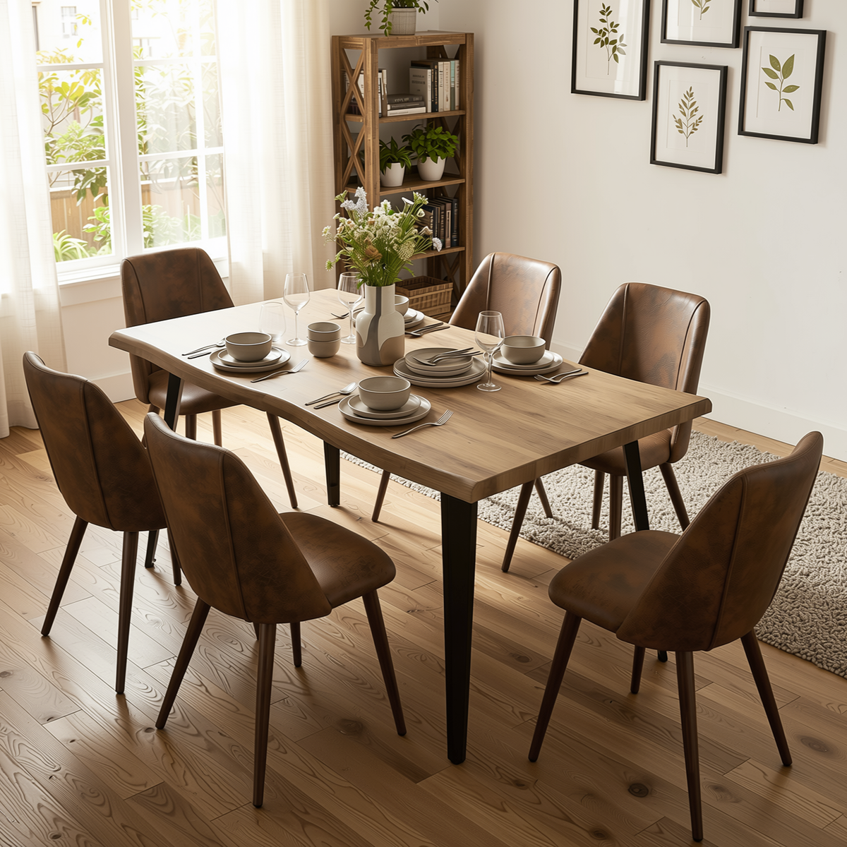 Homy Casa LANCELOT+KALI 7PC Dining Set 63" Table with 6 Upholstered Chairs Walnut Finish