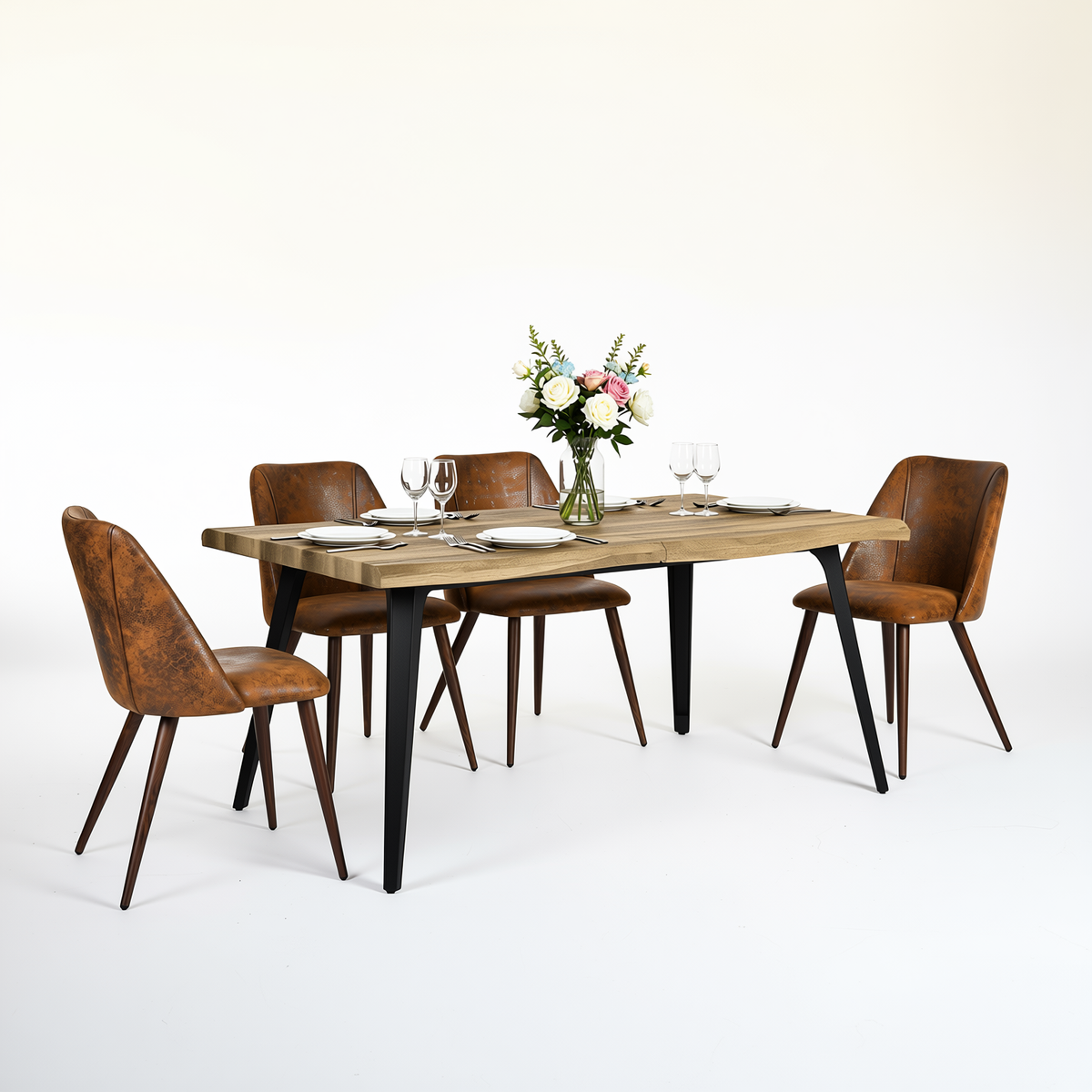 Homy Casa LANCELOT+KALI 5PC Dining Set 63" Table with 4 Upholstered Chairs in Walnut Finish
