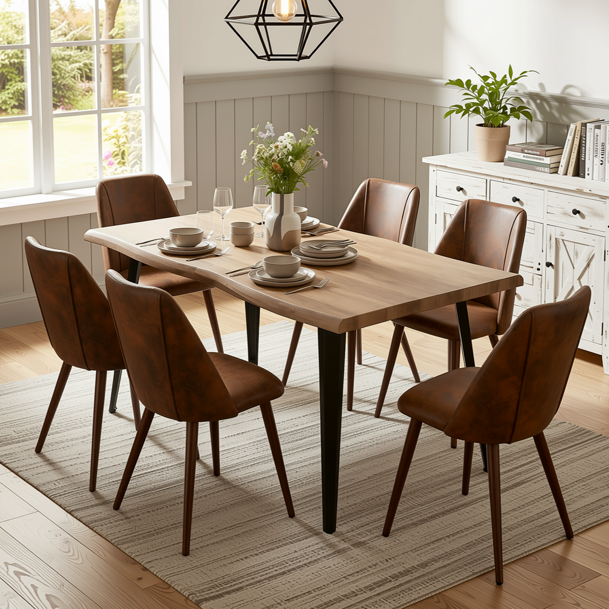 Homy Casa LANCELOT+KALI 7PC Dining Set 63" Table with 6 Upholstered Chairs Walnut Finish
