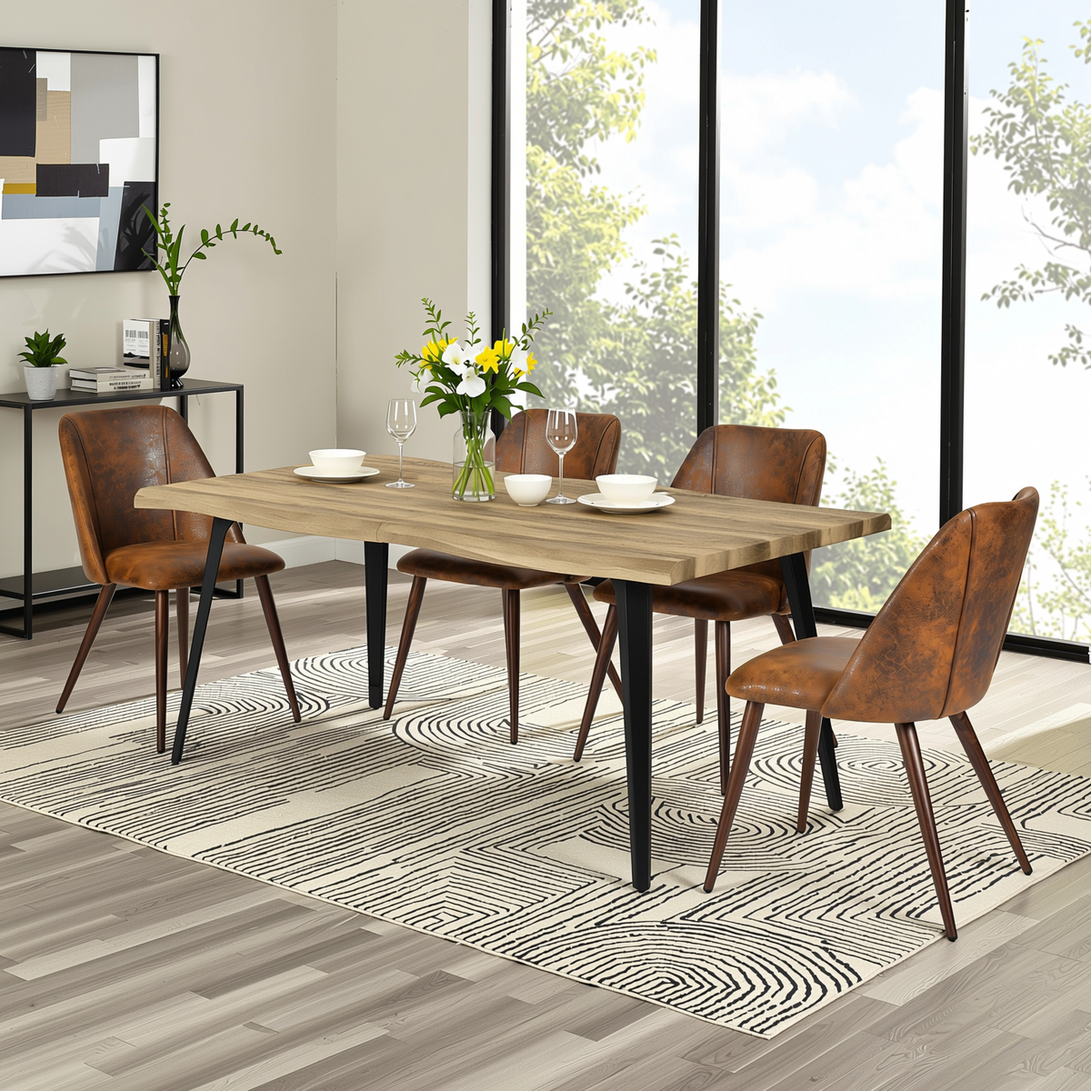 Homy Casa LANCELOT+KALI 5PC Dining Set 63" Table with 4 Upholstered Chairs in Walnut Finish