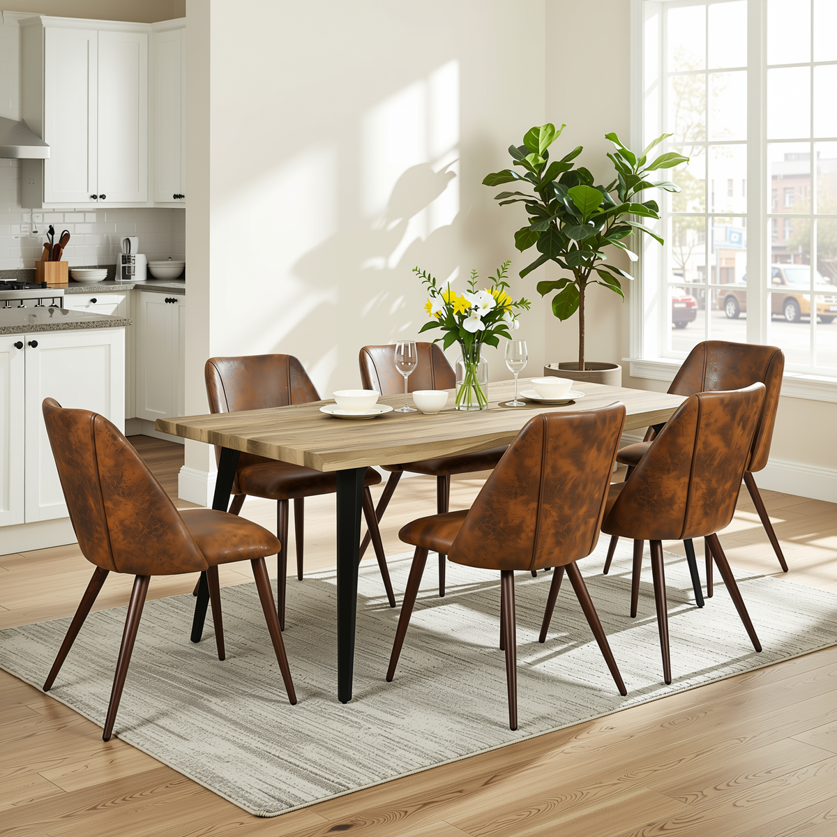 Homy Casa LANCELOT+KALI 7PC Dining Set 63" Table with 6 Upholstered Chairs Walnut Finish